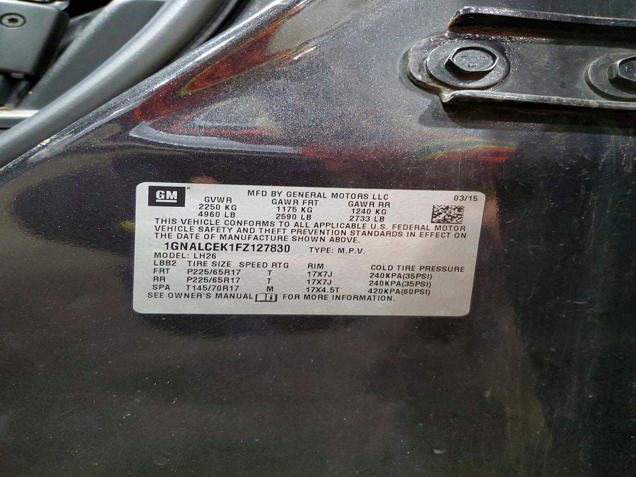 2015 Chevrolet Equinox Lt Charcoal vin: 1GNALCEK1FZ127830