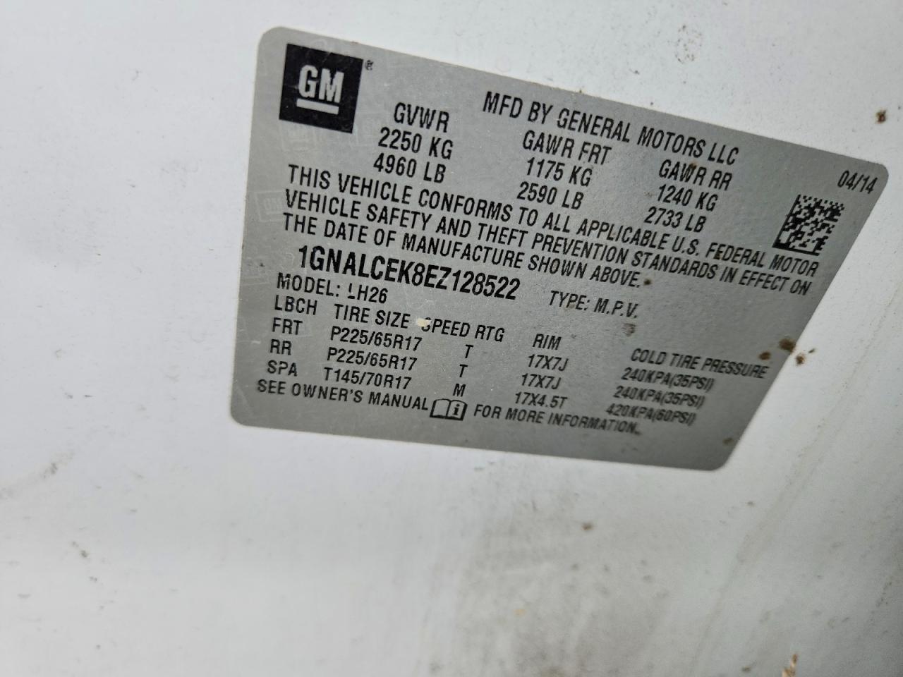 2014 Chevrolet Equinox Lt White vin: 1GNALCEK8EZ128522