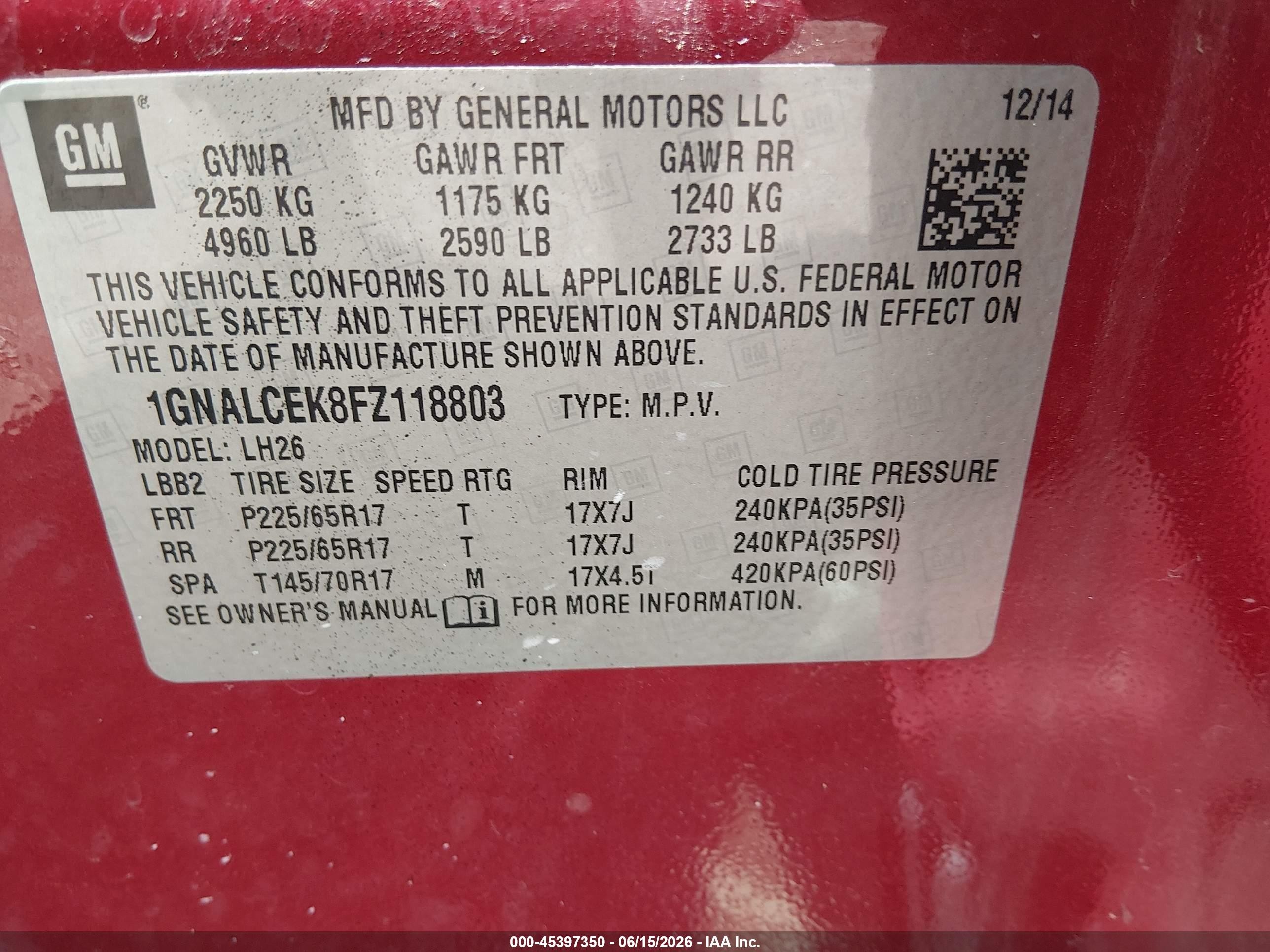2015 Chevrolet Equinox Lt Black vin: 1GNALCEK8FZ118803