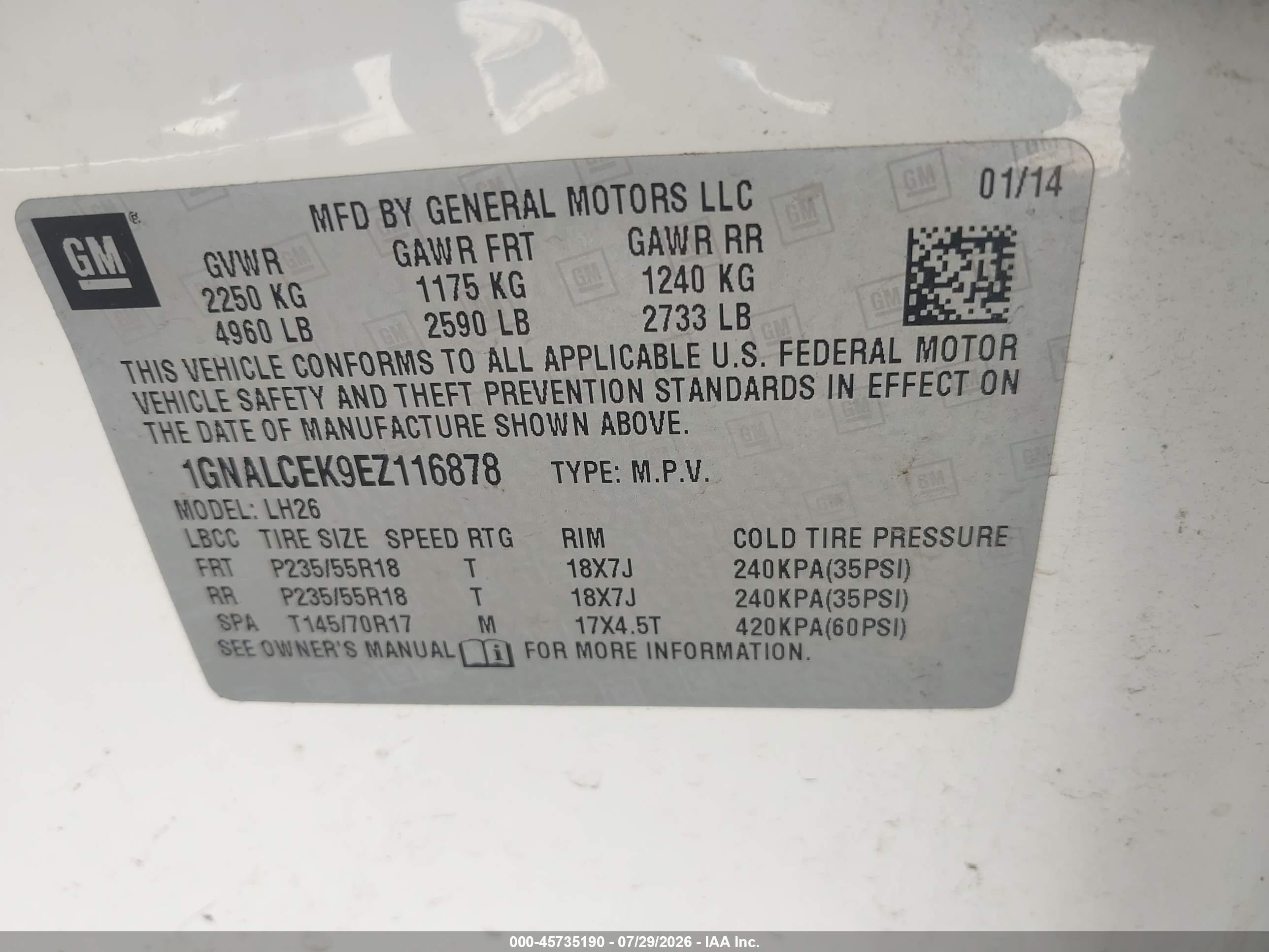 2014 Chevrolet Equinox Lt White vin: 1GNALCEK9EZ116878