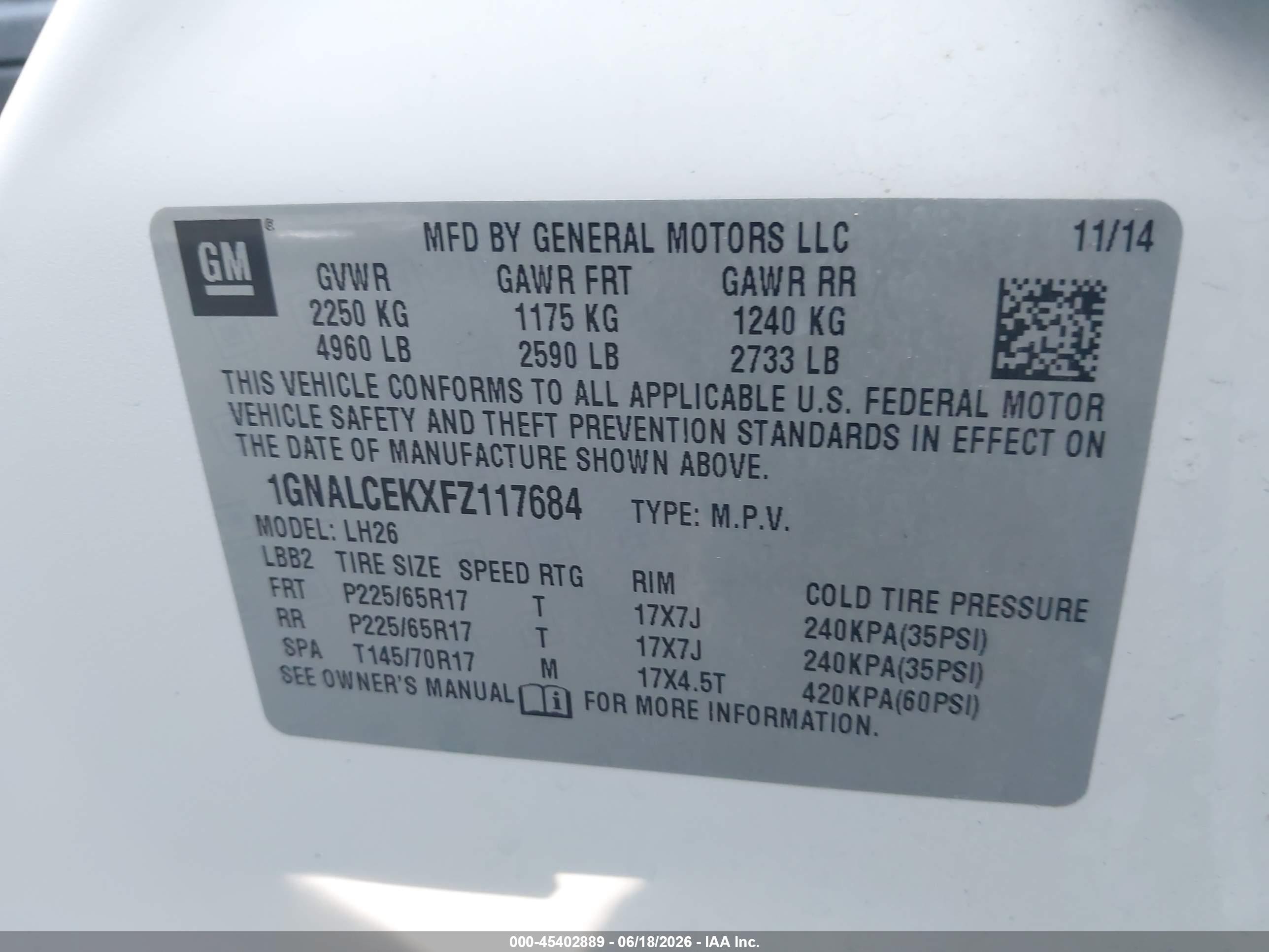 2015 Chevrolet Equinox Lt White vin: 1GNALCEKXFZ117684