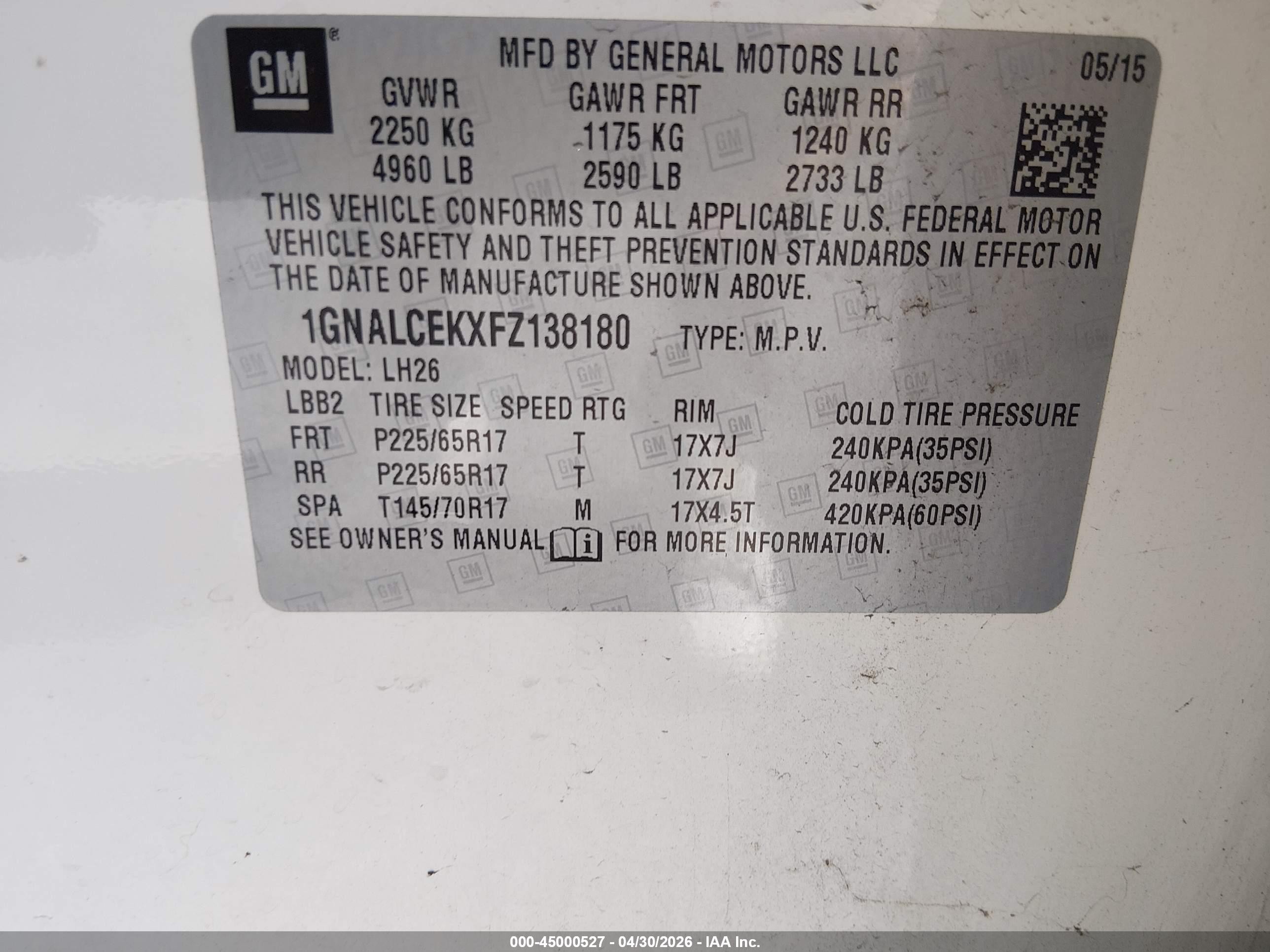 2015 Chevrolet Equinox 2lt Белый vin: 1GNALCEKXFZ138180