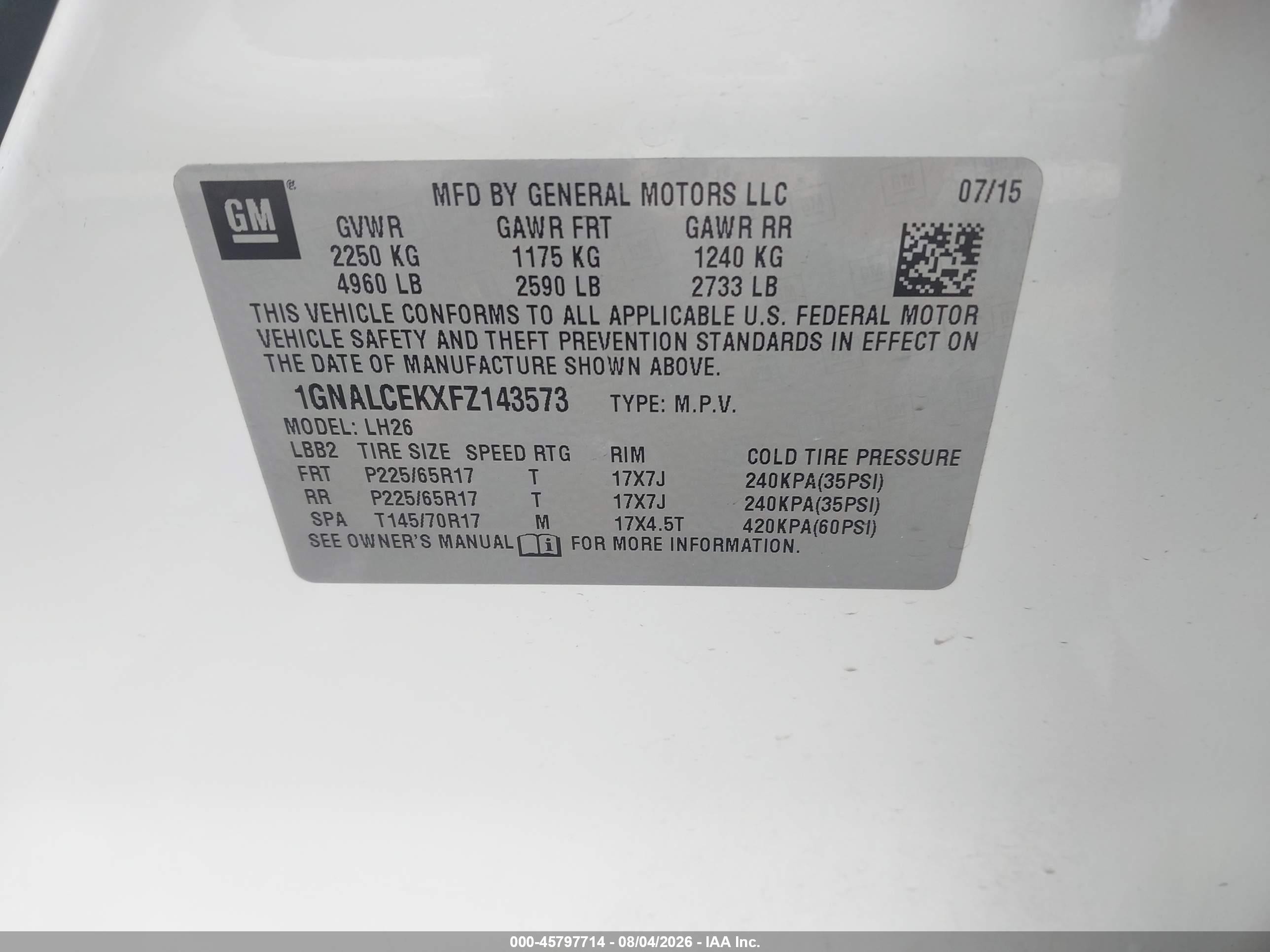 2015 Chevrolet Equinox Lt White vin: 1GNALCEKXFZ143573