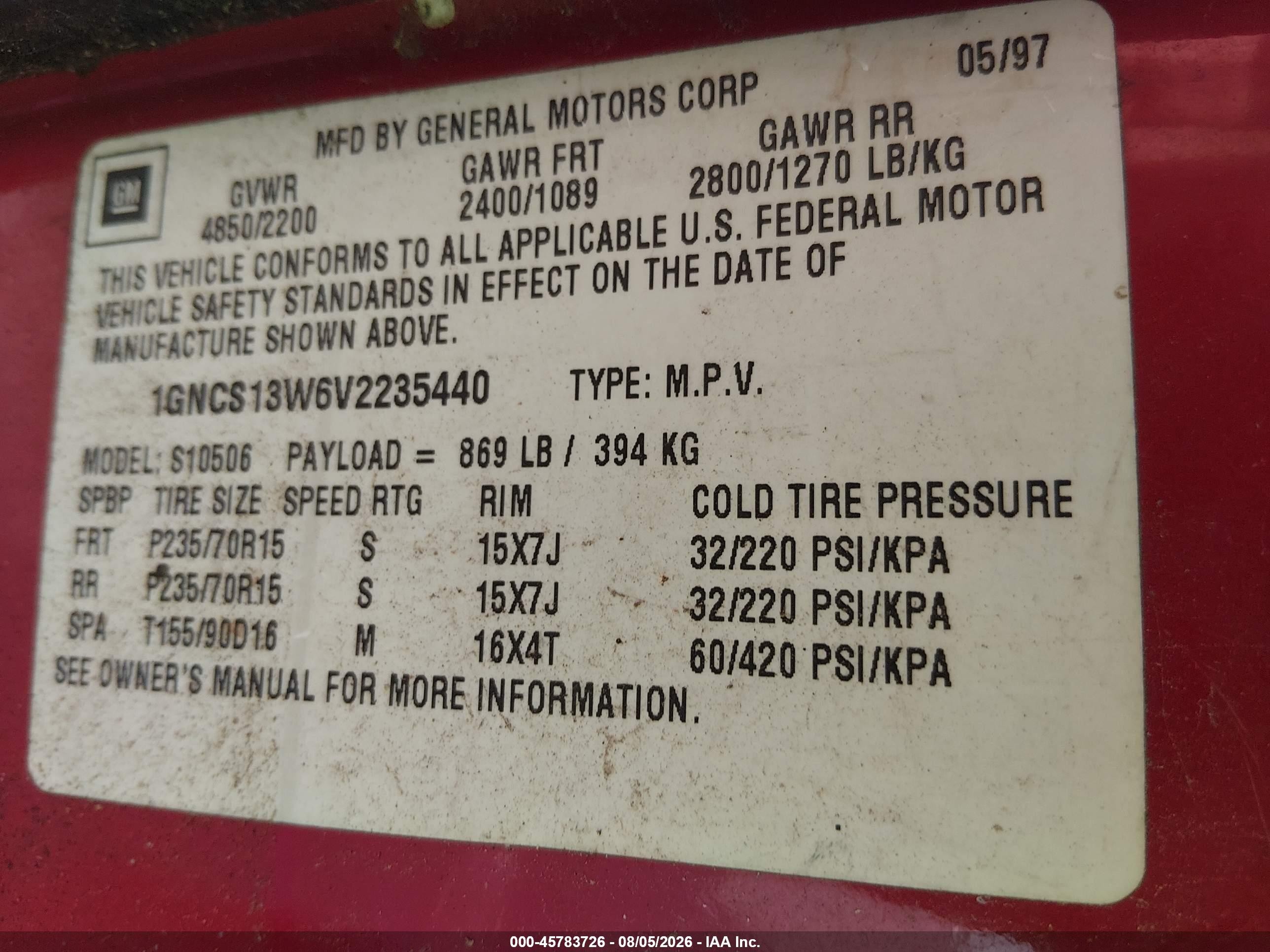 1997 Chevrolet Blazer Ls Red vin: 1GNCS13W6V2235440