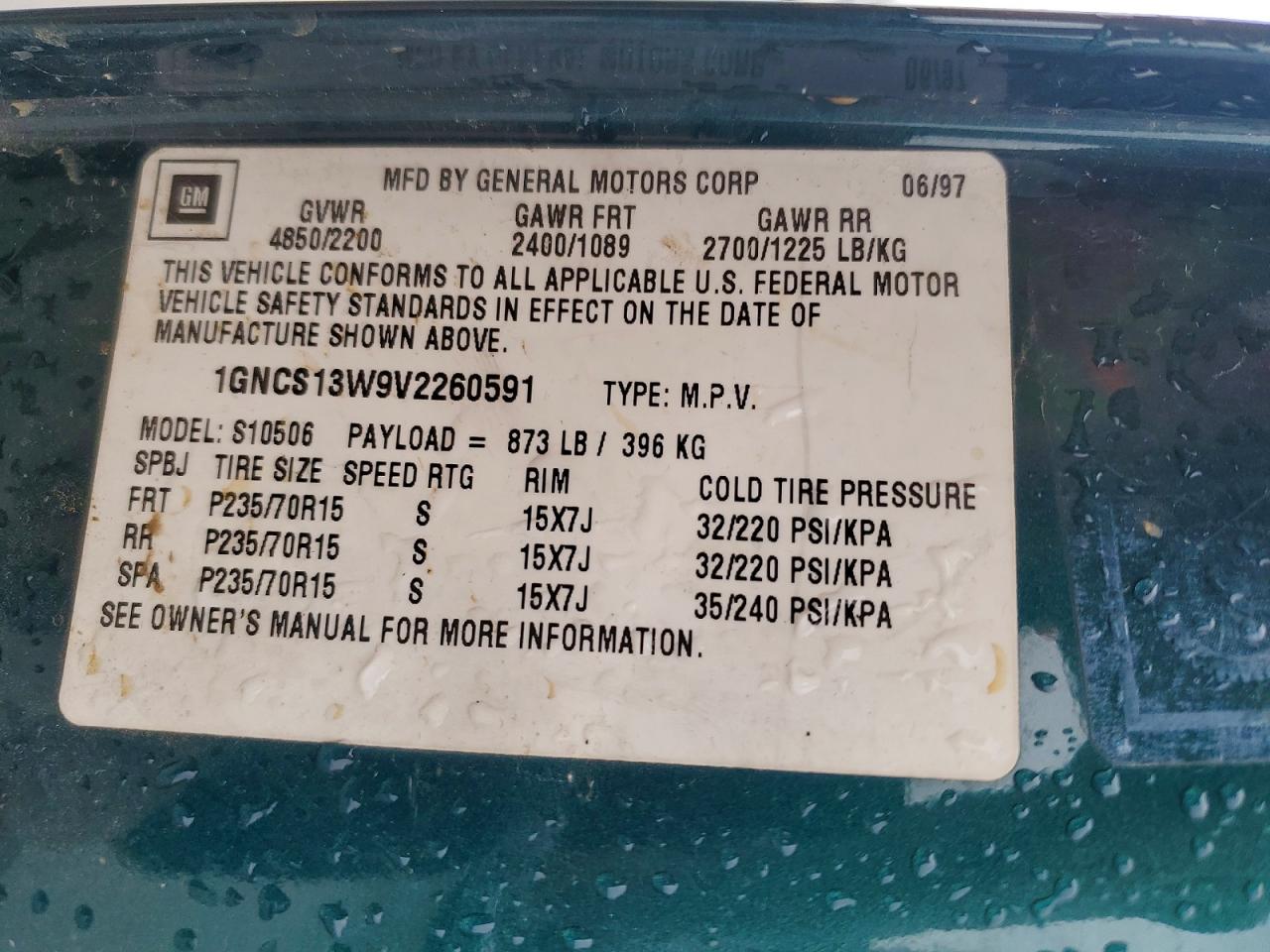 1997 Chevrolet Blazer Зеленый vin: 1GNCS13W9V2260591