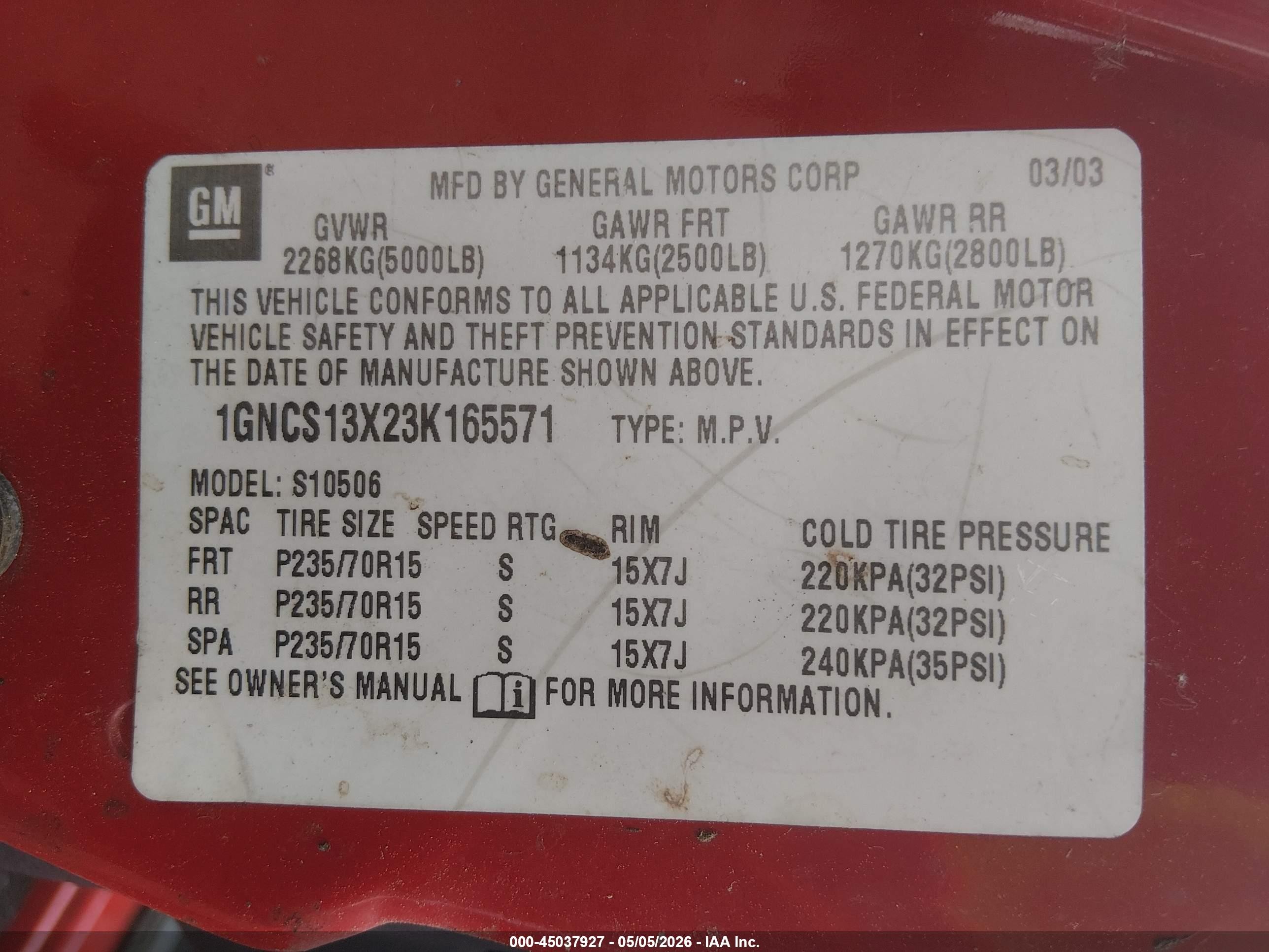 2003 Chevrolet Blazer Ls Red vin: 1GNCS13X23K165571