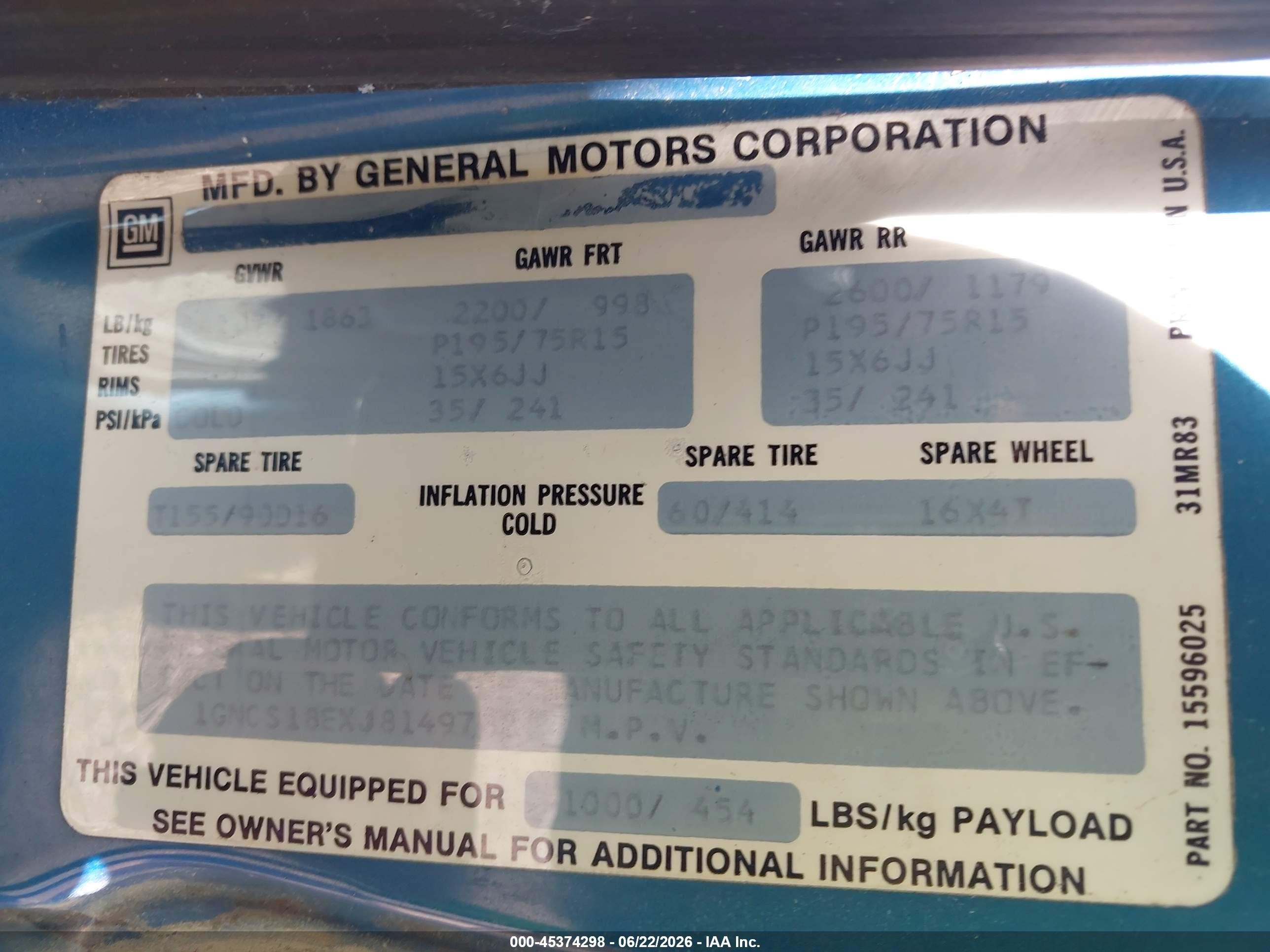 1988 Chevrolet Blazer S10 Blue vin: 1GNCS18EXJ8149782