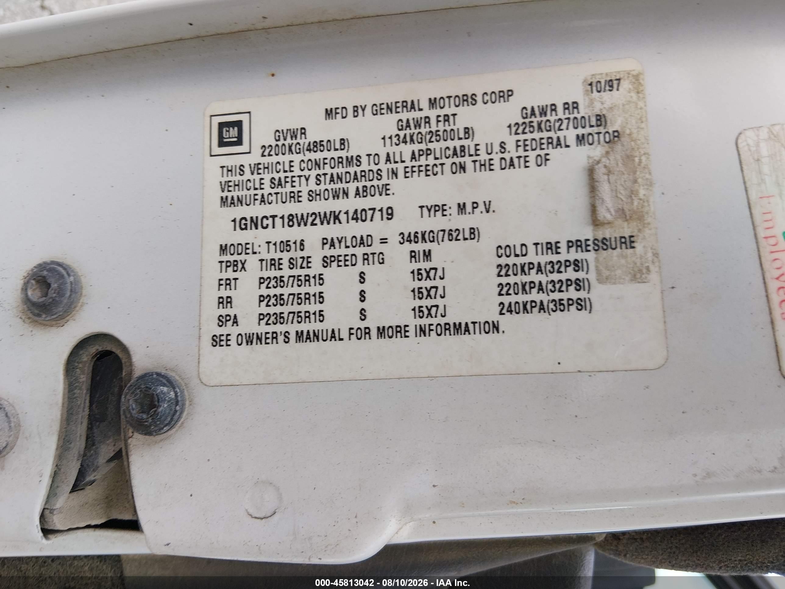 1998 Chevrolet Blazer Ls White vin: 1GNCT18W2WK140719