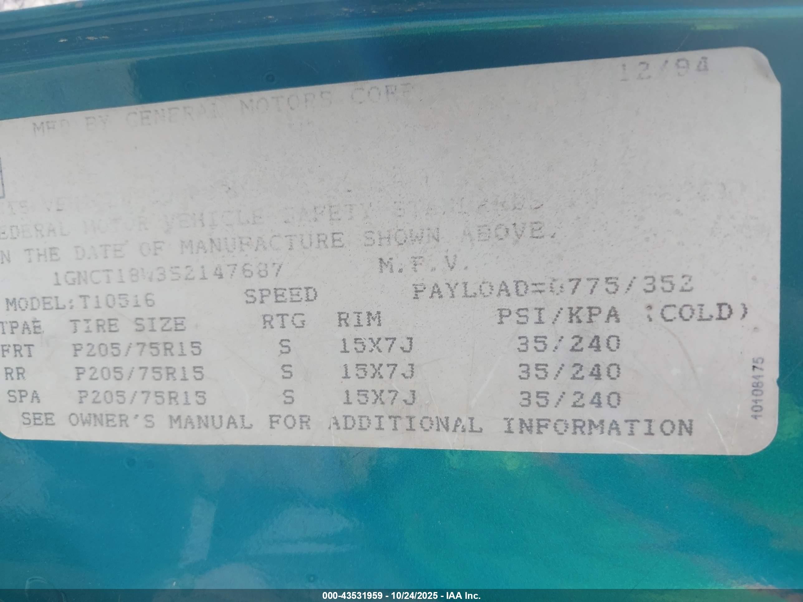 1995 Chevrolet Blazer   Green vin: 1GNCT18W3S2147687