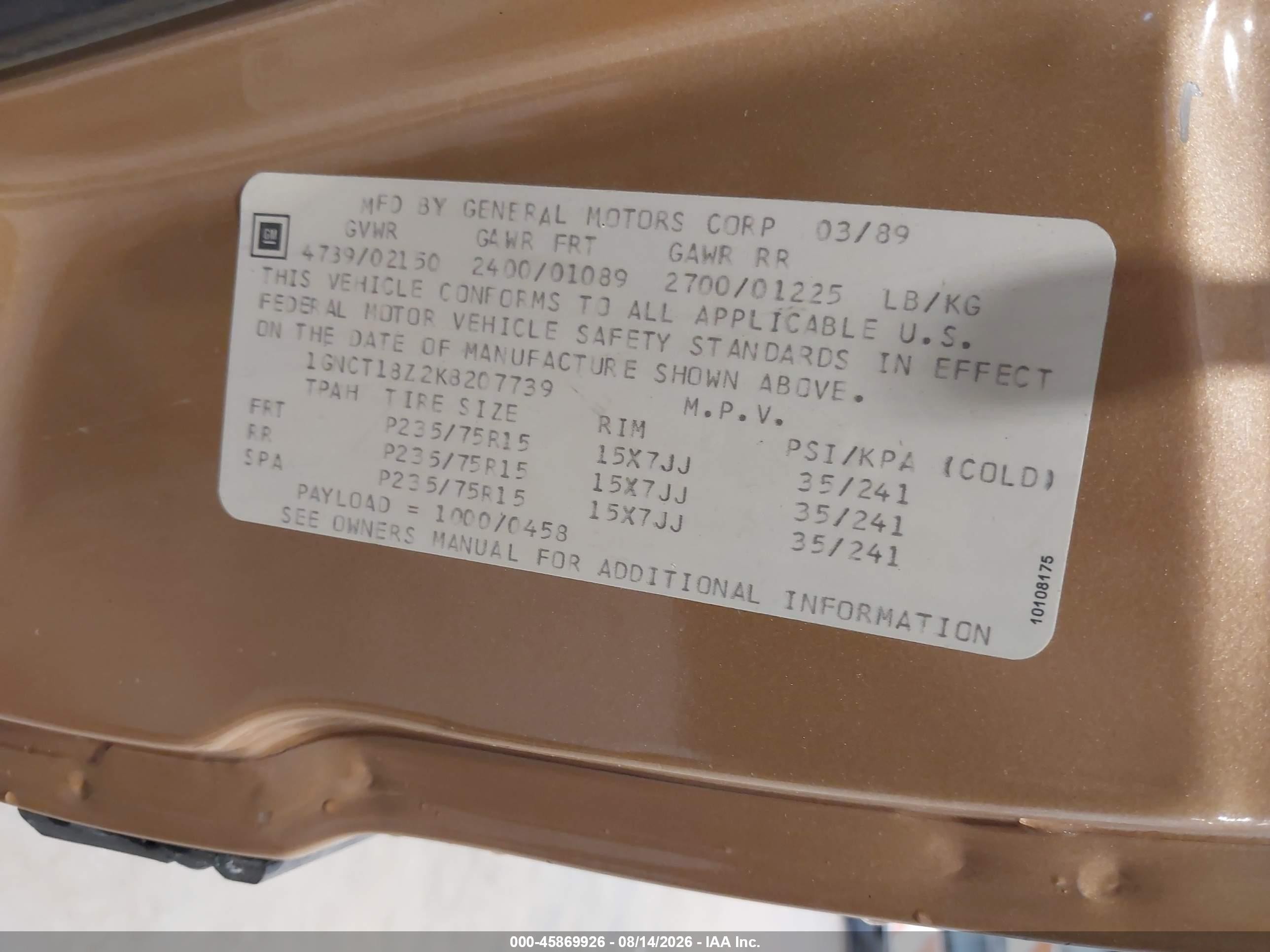 1989 Chevrolet Blazer S10 Tan vin: 1GNCT18Z2K8207739