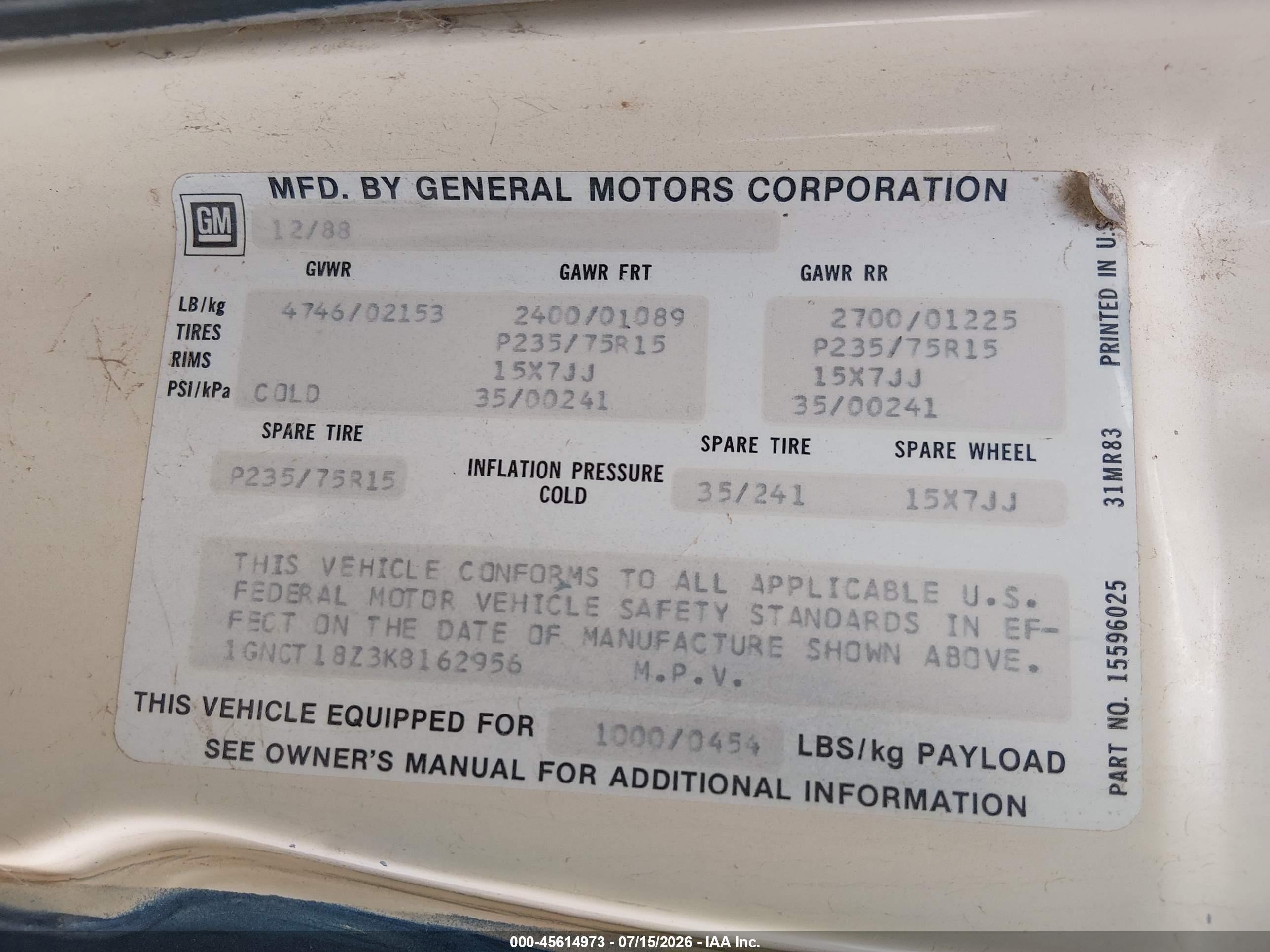 1989 Chevrolet Blazer S10 Blue vin: 1GNCT18Z3K8162956
