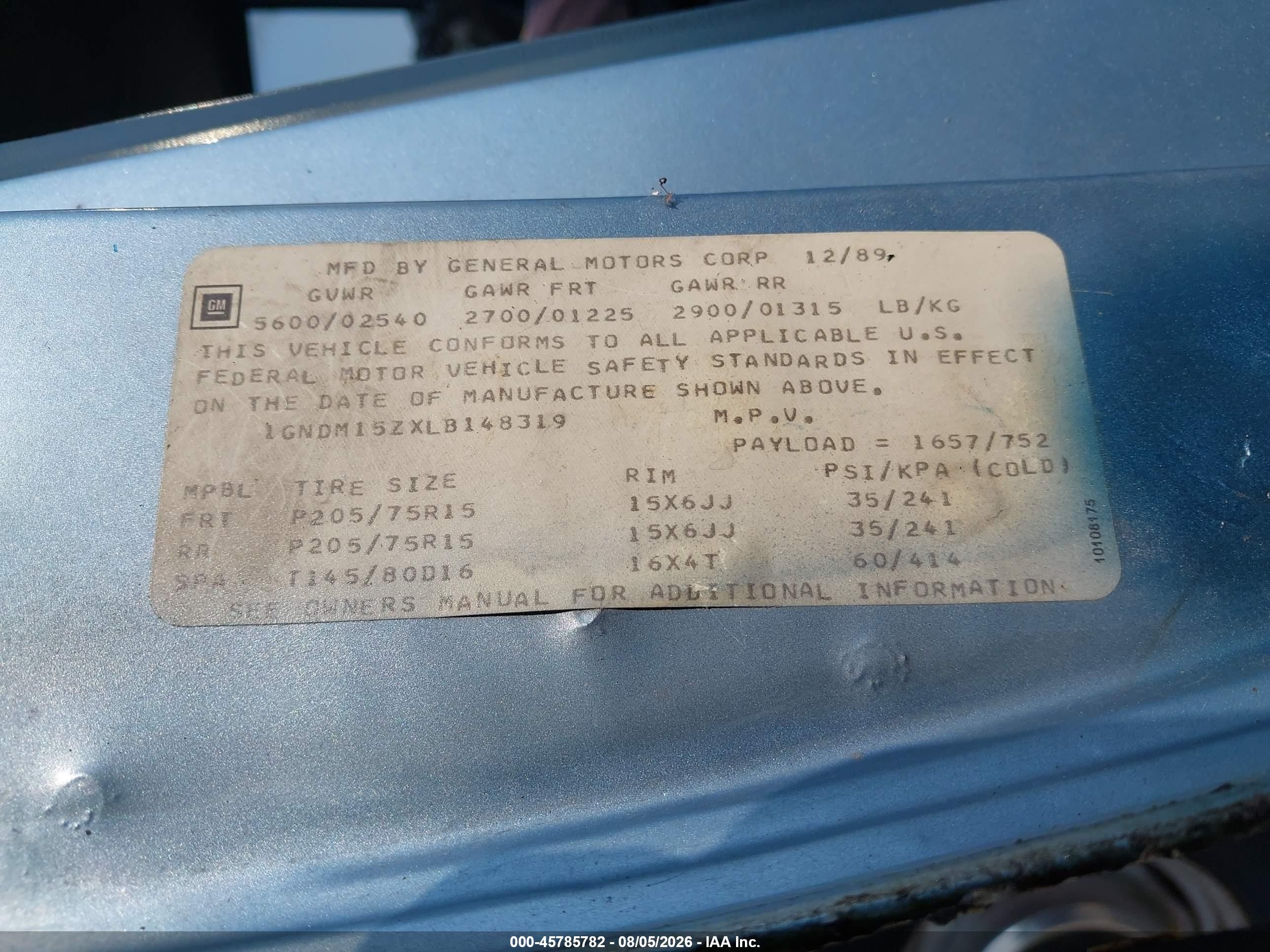 1990 Chevrolet Astro   Light Blue vin: 1GNDM15ZXLB148319