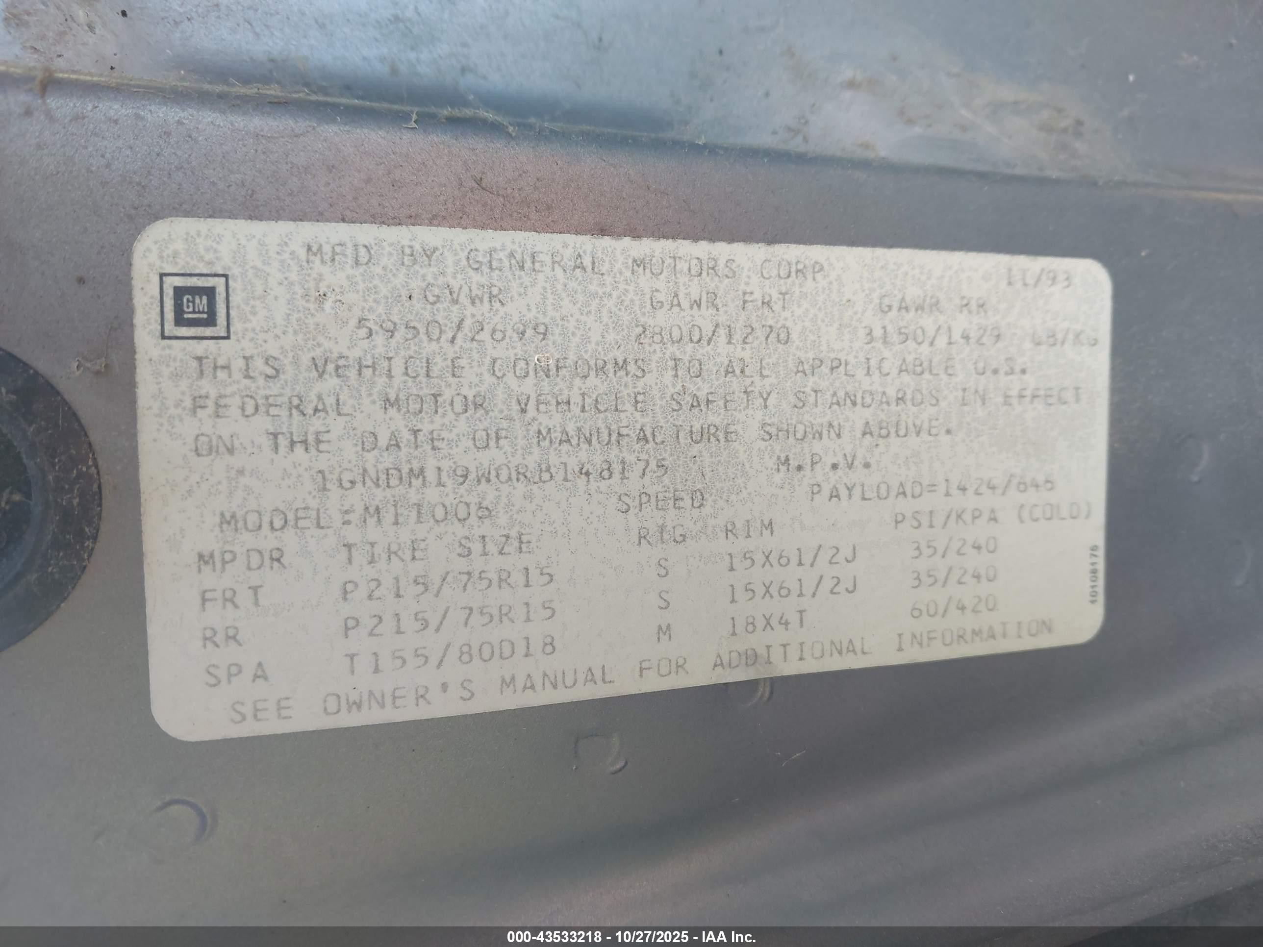 1994 Chevrolet Astro   Gray vin: 1GNDM19W0RB148175