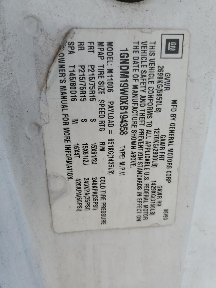 1999 Chevrolet Astro White vin: 1GNDM19W0XB194358