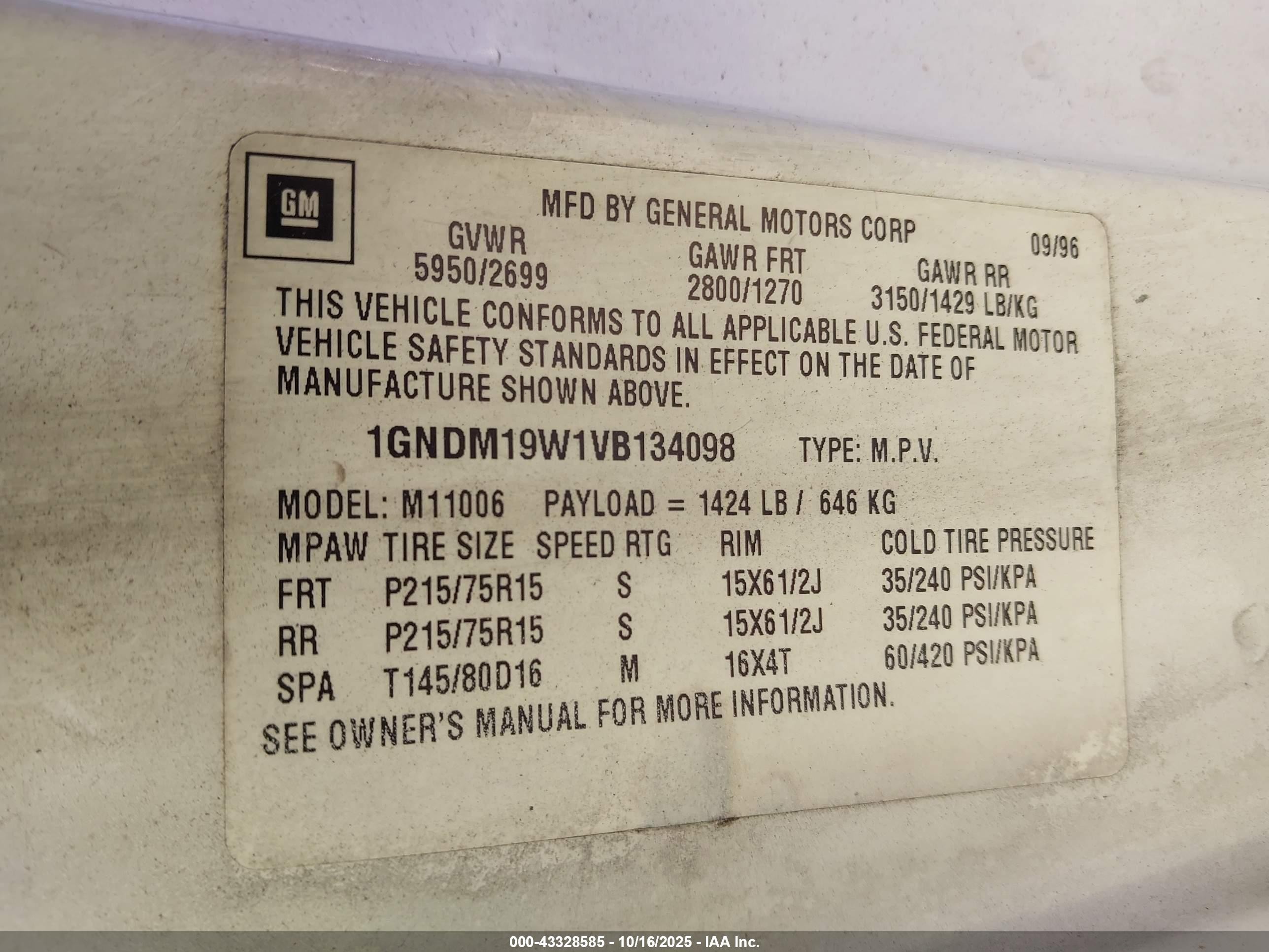 1997 Chevrolet Astro Ls Cmi White vin: 1GNDM19W1VB134098