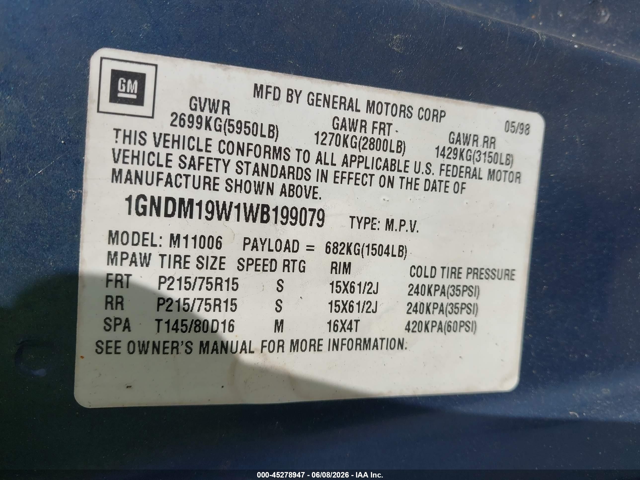 1998 Chevrolet Astro   Blue vin: 1GNDM19W1WB199079