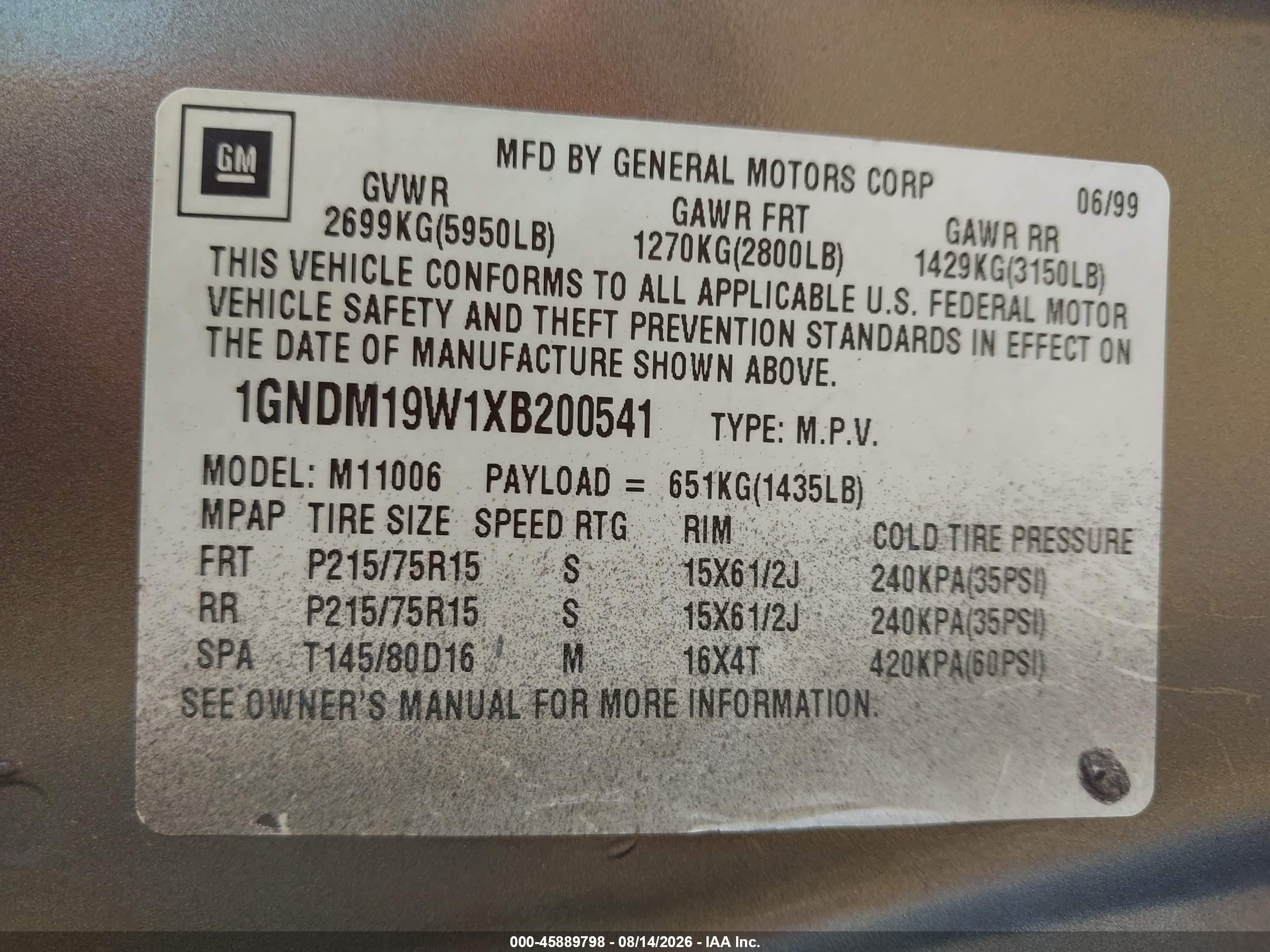 1999 Chevrolet Astro   Beige vin: 1GNDM19W1XB200541