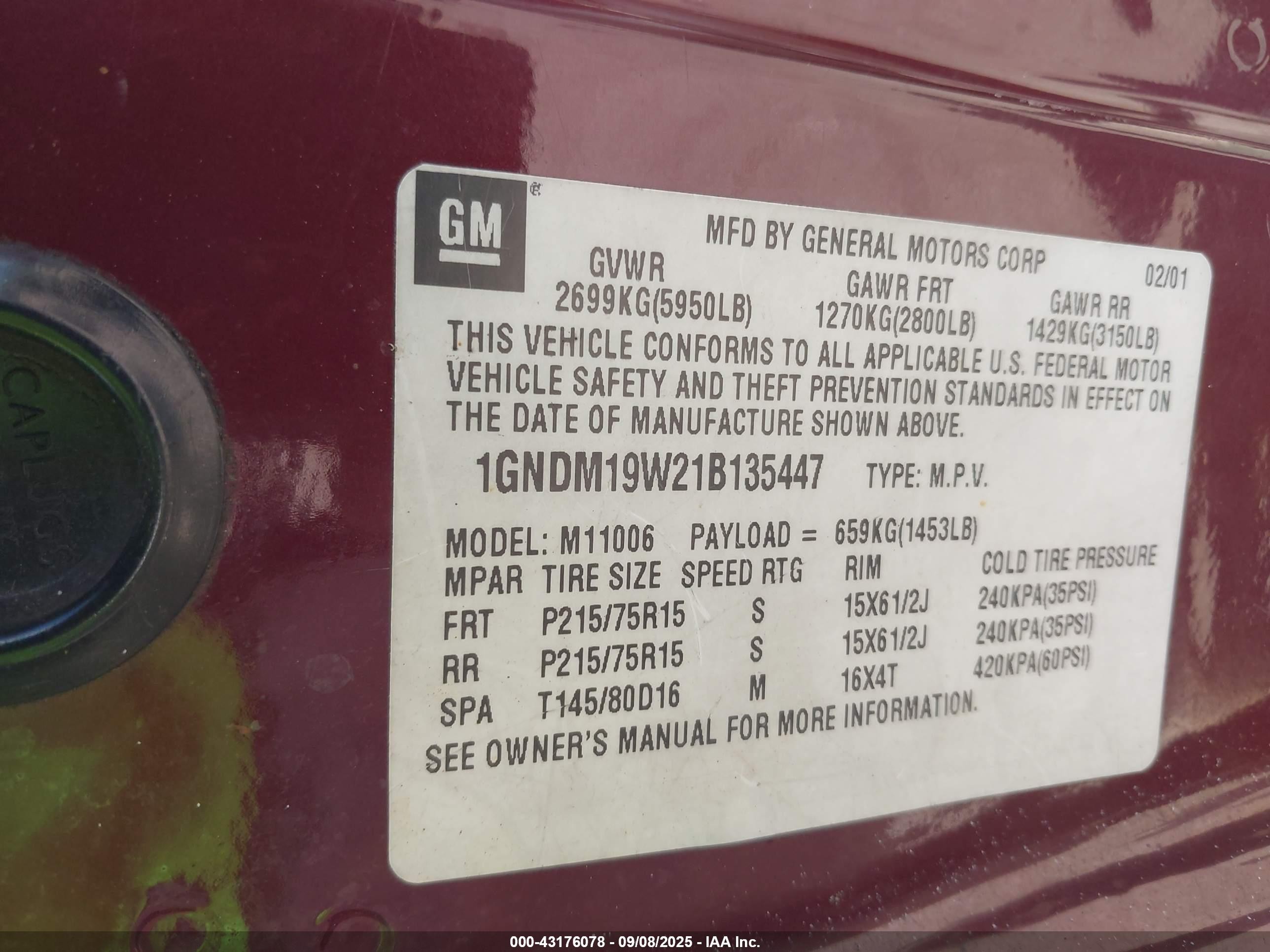 2001 Chevrolet Astro Ls Burgundy vin: 1GNDM19W21B135447
