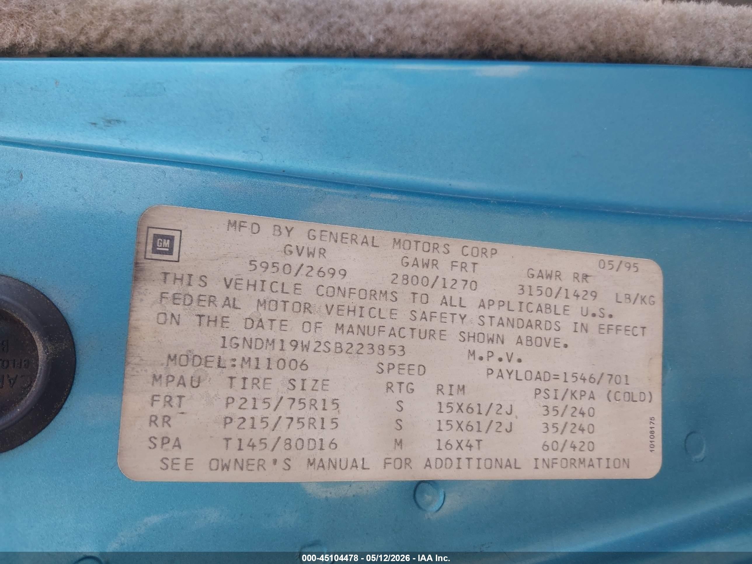 1995 Chevrolet Astro   Blue vin: 1GNDM19W2SB223853