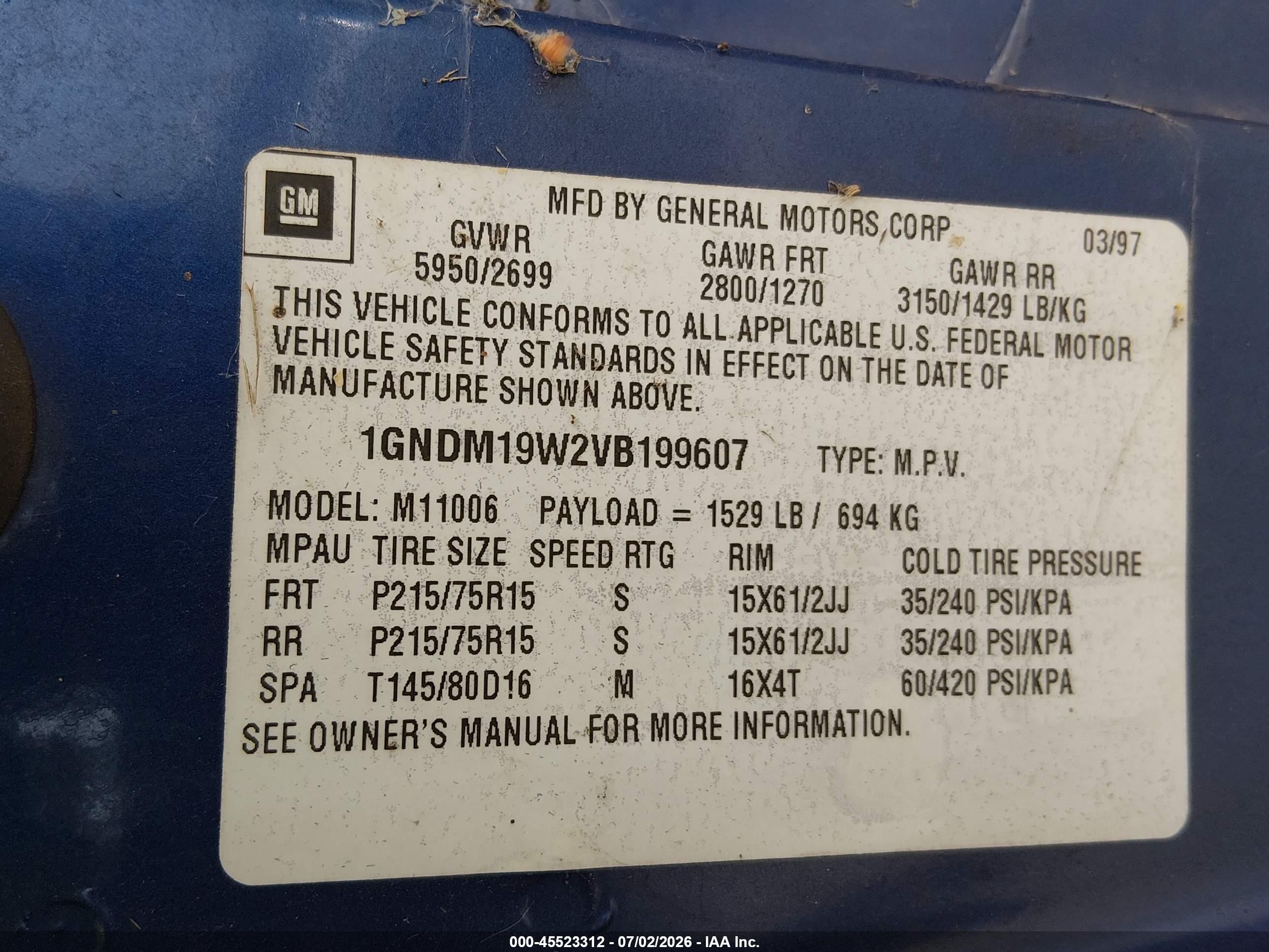 1997 Chevrolet Astro Passenger Ls Cmi Blue vin: 1GNDM19W2VB199607