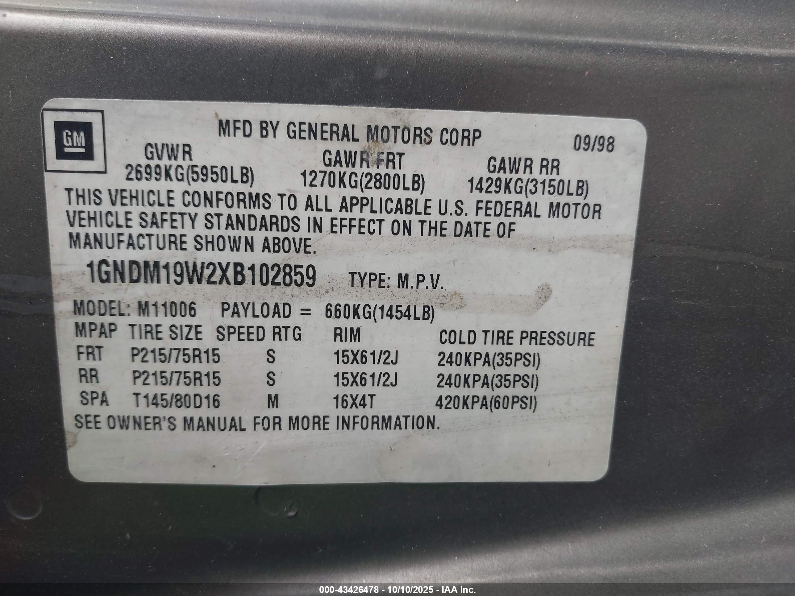 1999 Chevrolet Astro   Gray vin: 1GNDM19W2XB102859