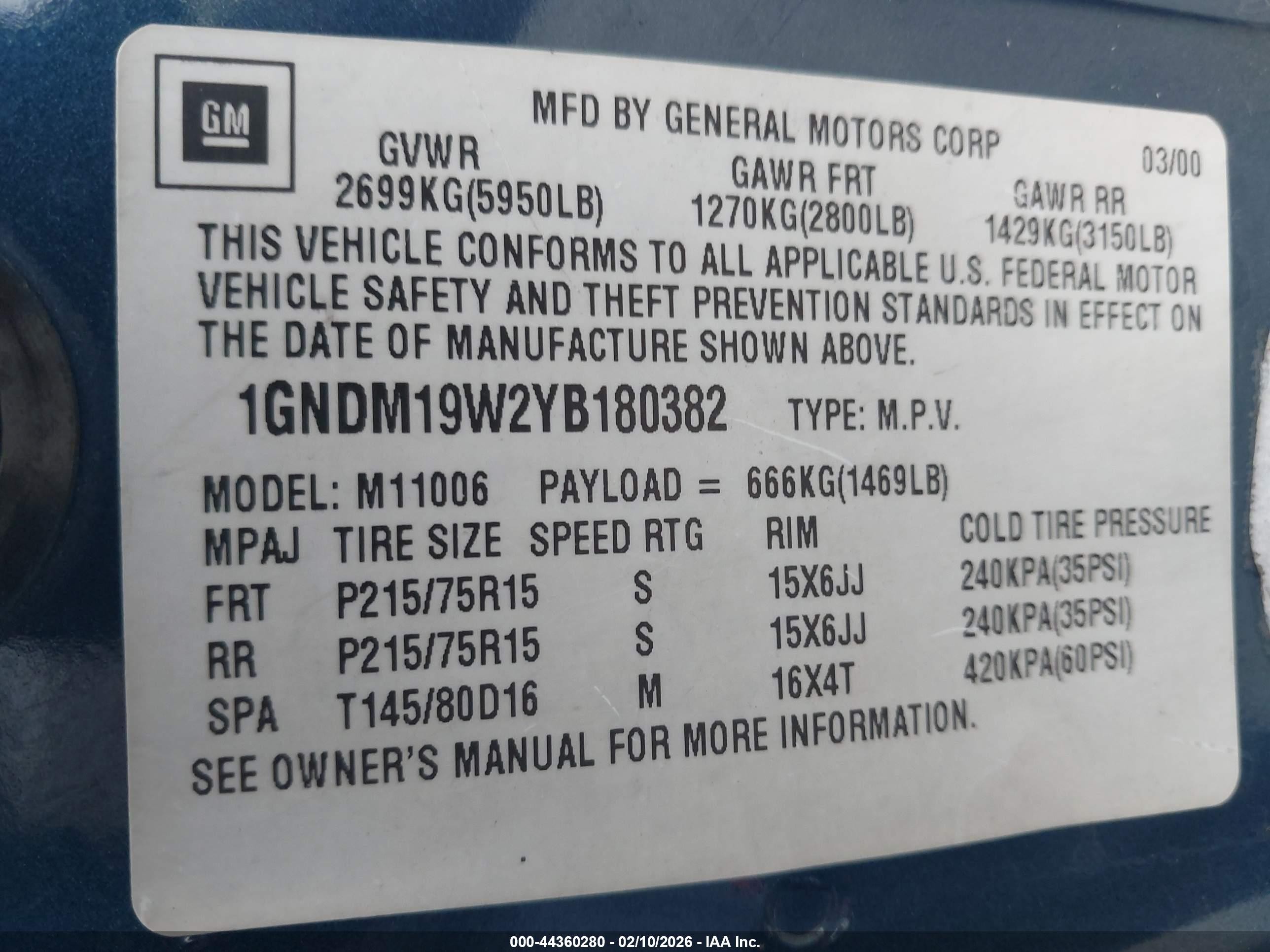 2000 Chevrolet Astro   Blue vin: 1GNDM19W2YB180382