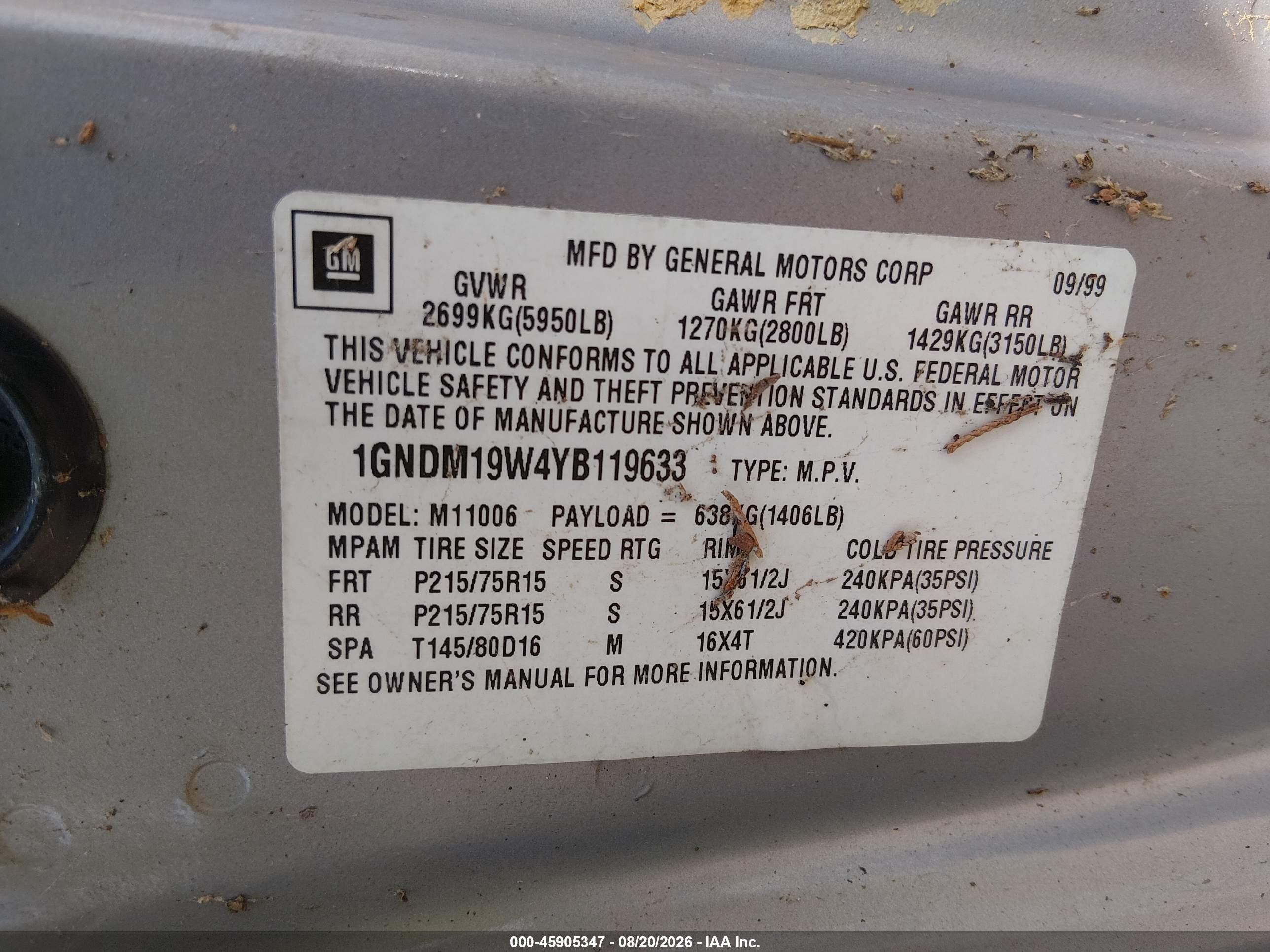 2000 Chevrolet Astro   Gray vin: 1GNDM19W4YB119633