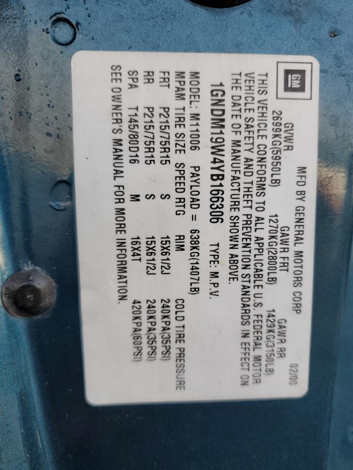 2000 Chevrolet Astro Teal vin: 1GNDM19W4YB166306