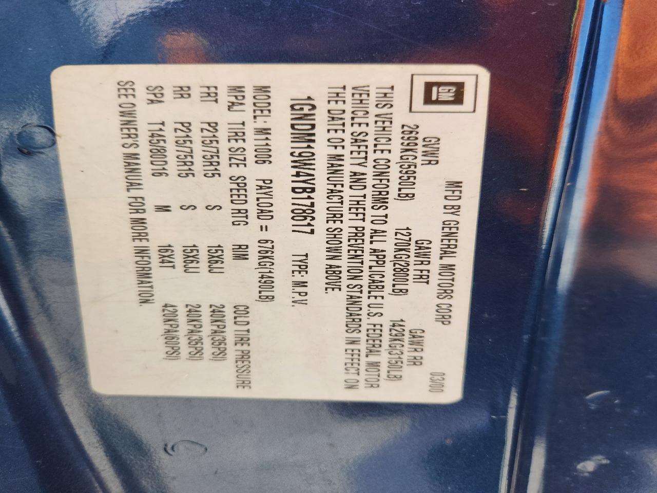 2000 Chevrolet Astro Blue vin: 1GNDM19W4YB178617