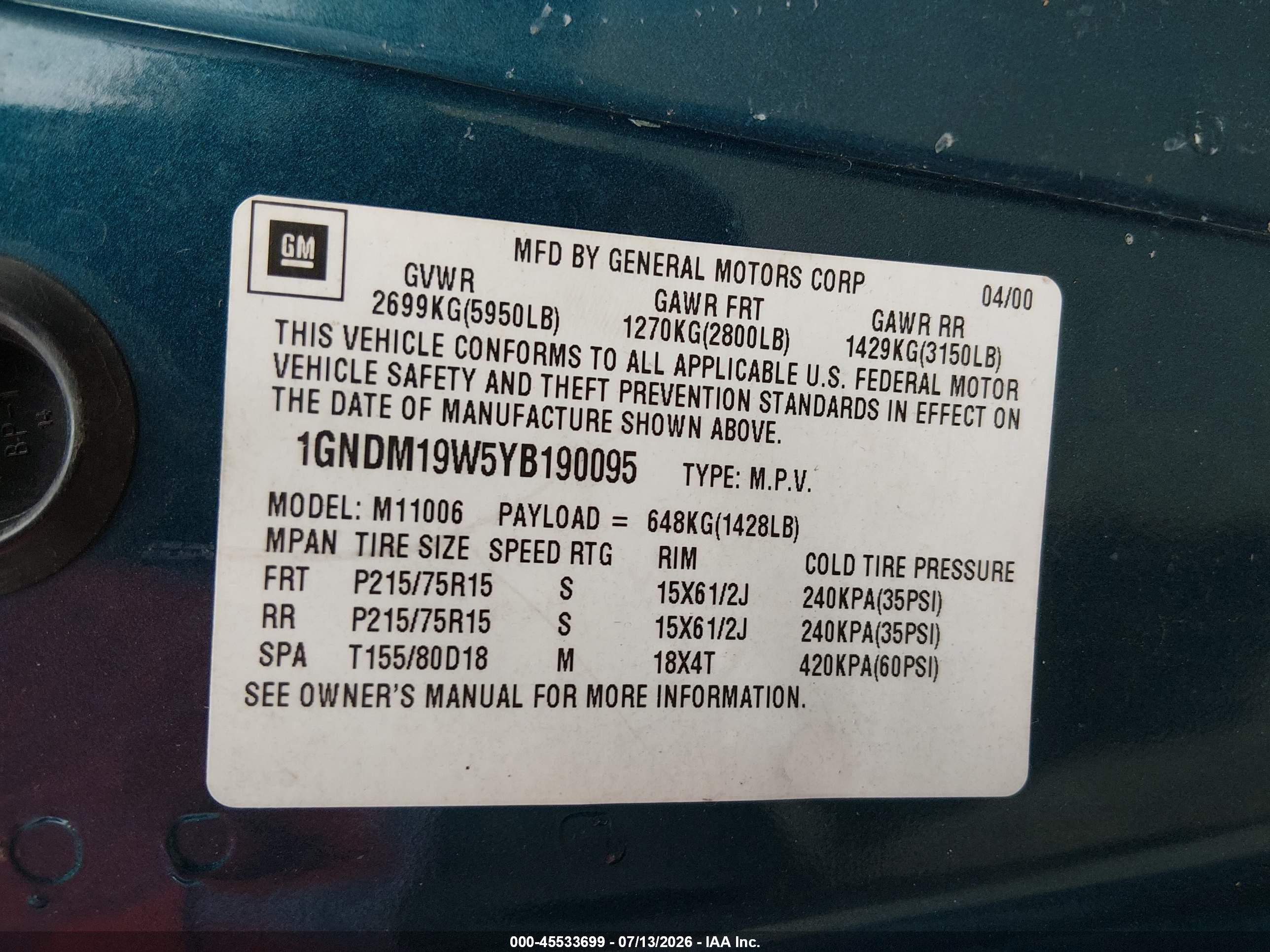 2000 Chevrolet Astro   Blue vin: 1GNDM19W5YB190095