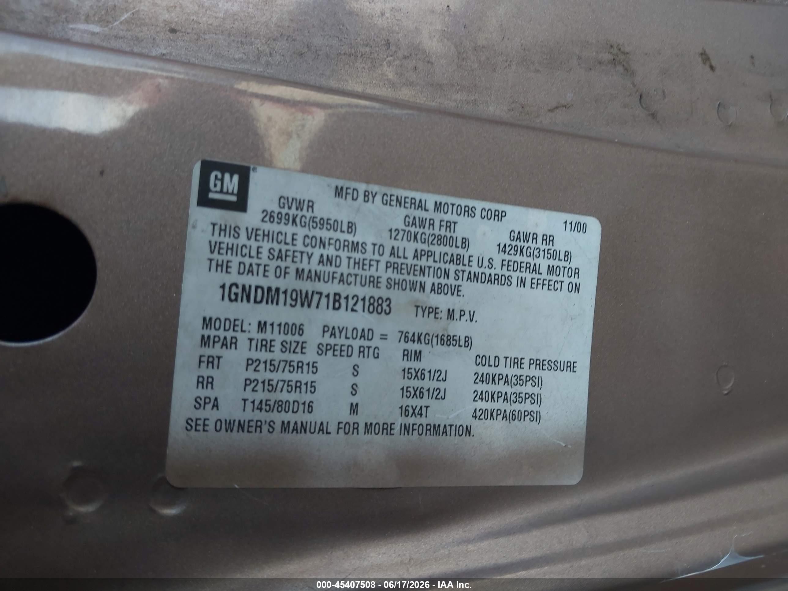 2001 Chevrolet Astro Ls Beige vin: 1GNDM19W71B121883