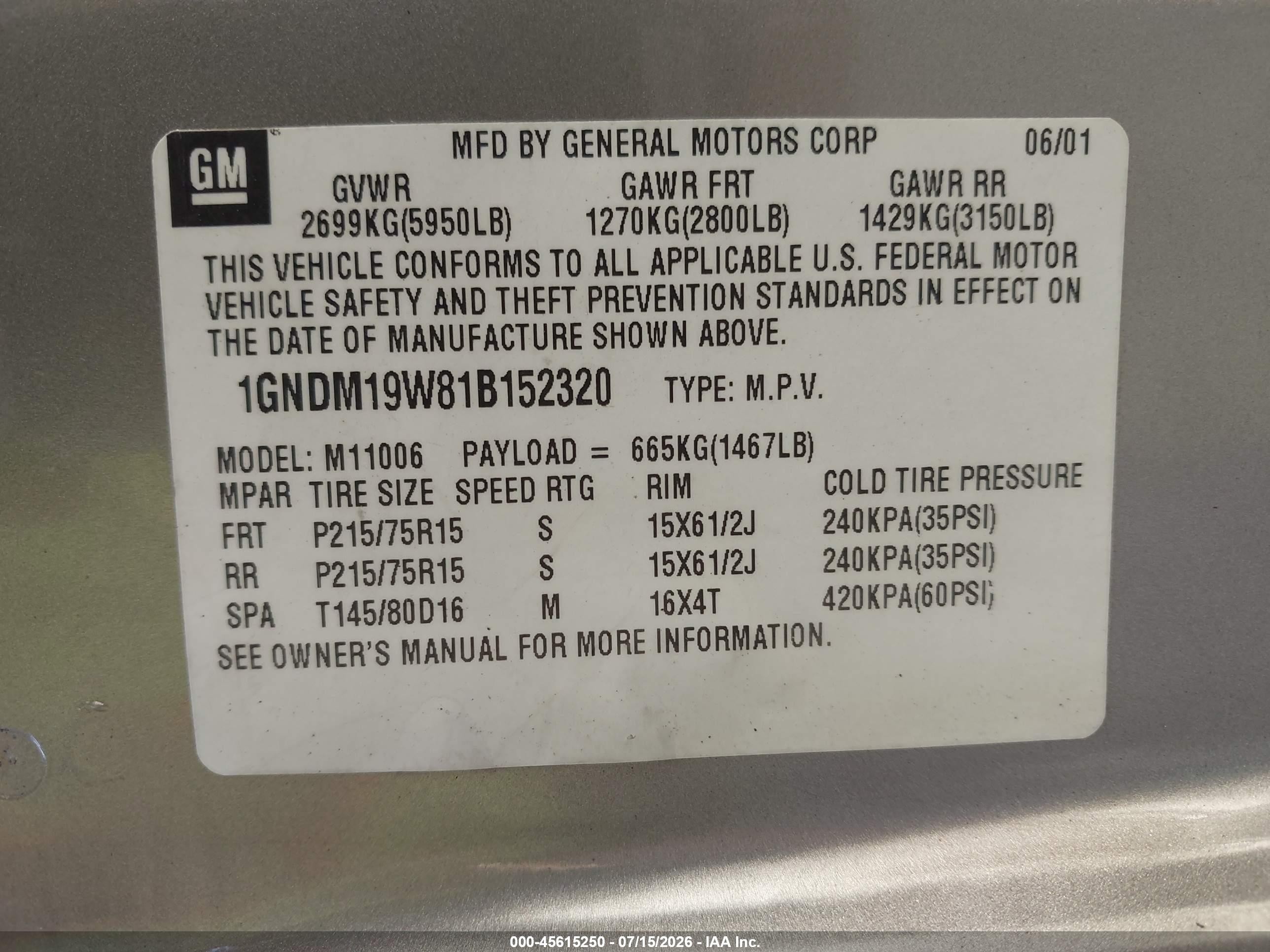 2001 Chevrolet Astro Ls Gold vin: 1GNDM19W81B152320