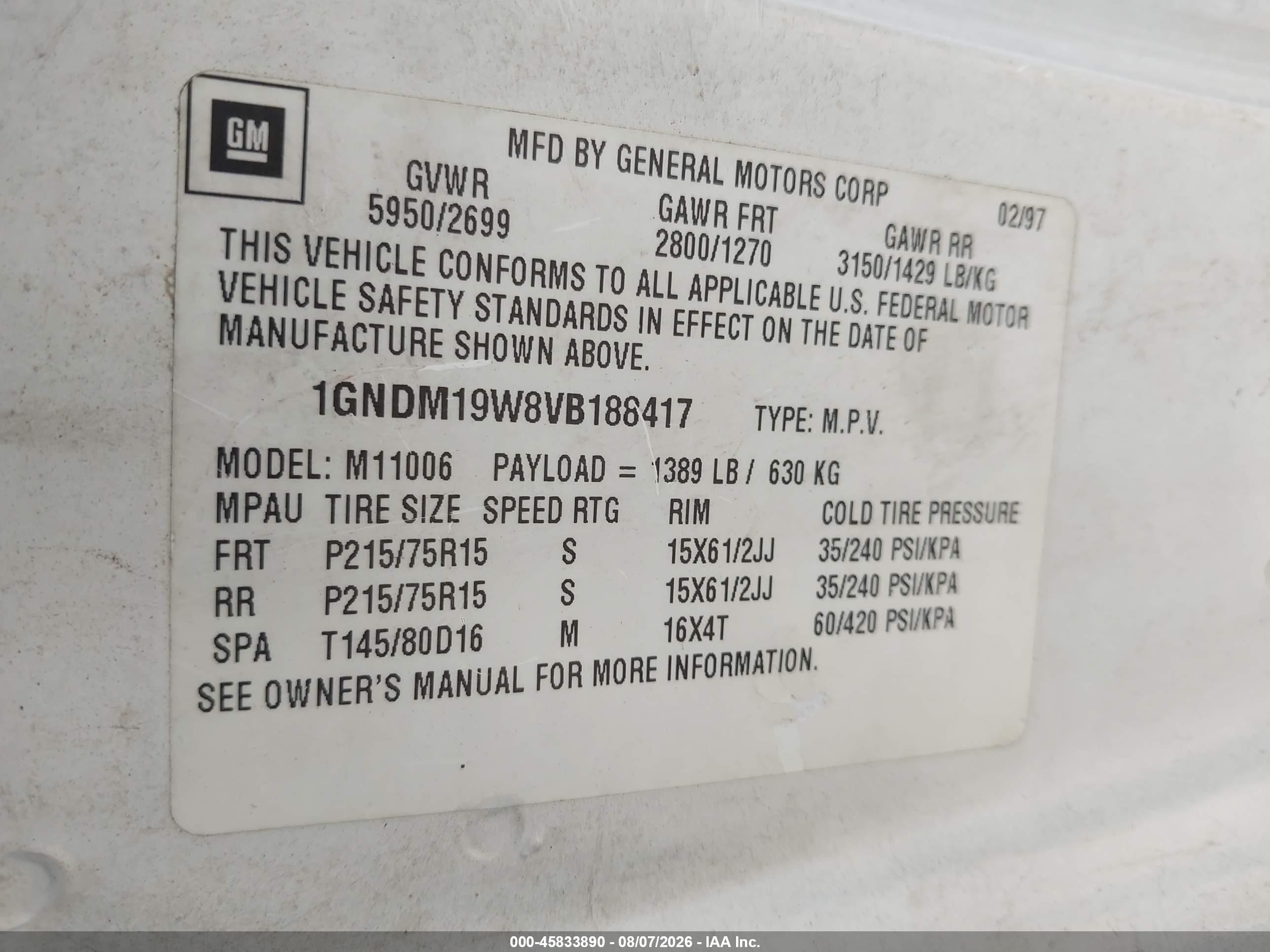 1997 Chevrolet Astro Passenger Ls Cmi White vin: 1GNDM19W8VB188417