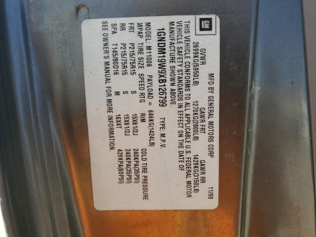 1999 Chevrolet Astro Tan vin: 1GNDM19W9XB126799
