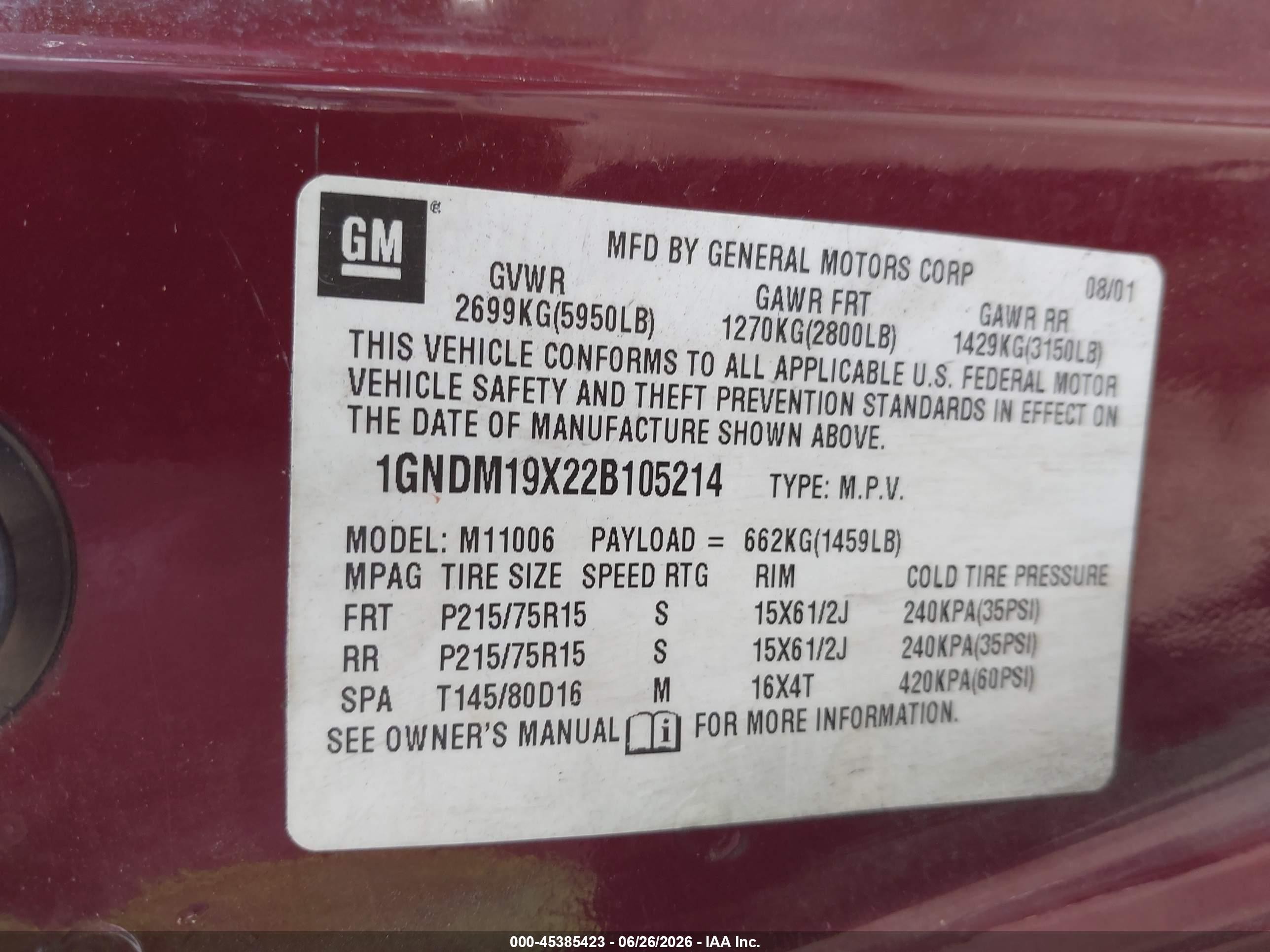 2002 Chevrolet Astro Passenger Ls Purple vin: 1GNDM19X22B105214