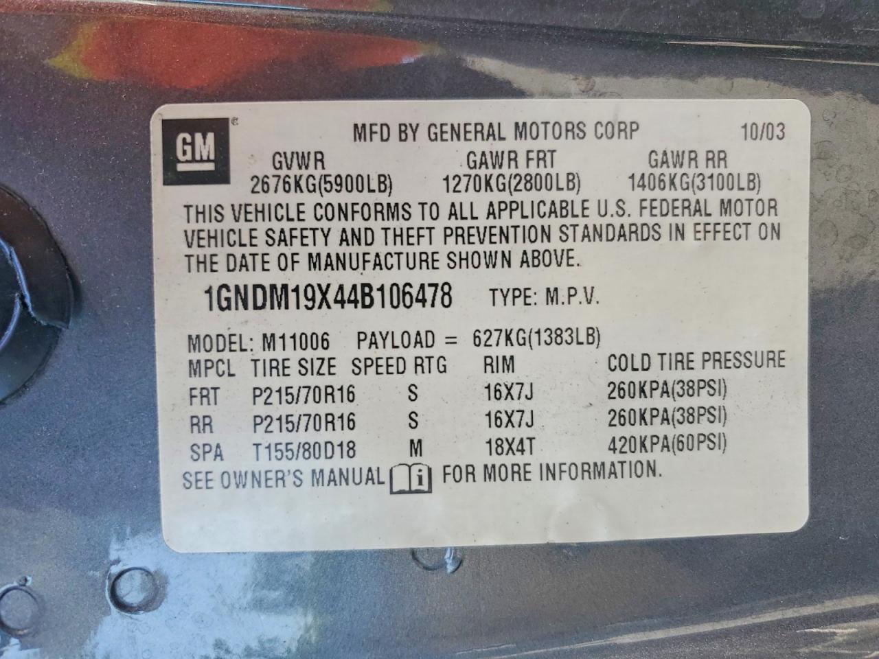 2004 Chevrolet Astro Gray vin: 1GNDM19X44B106478