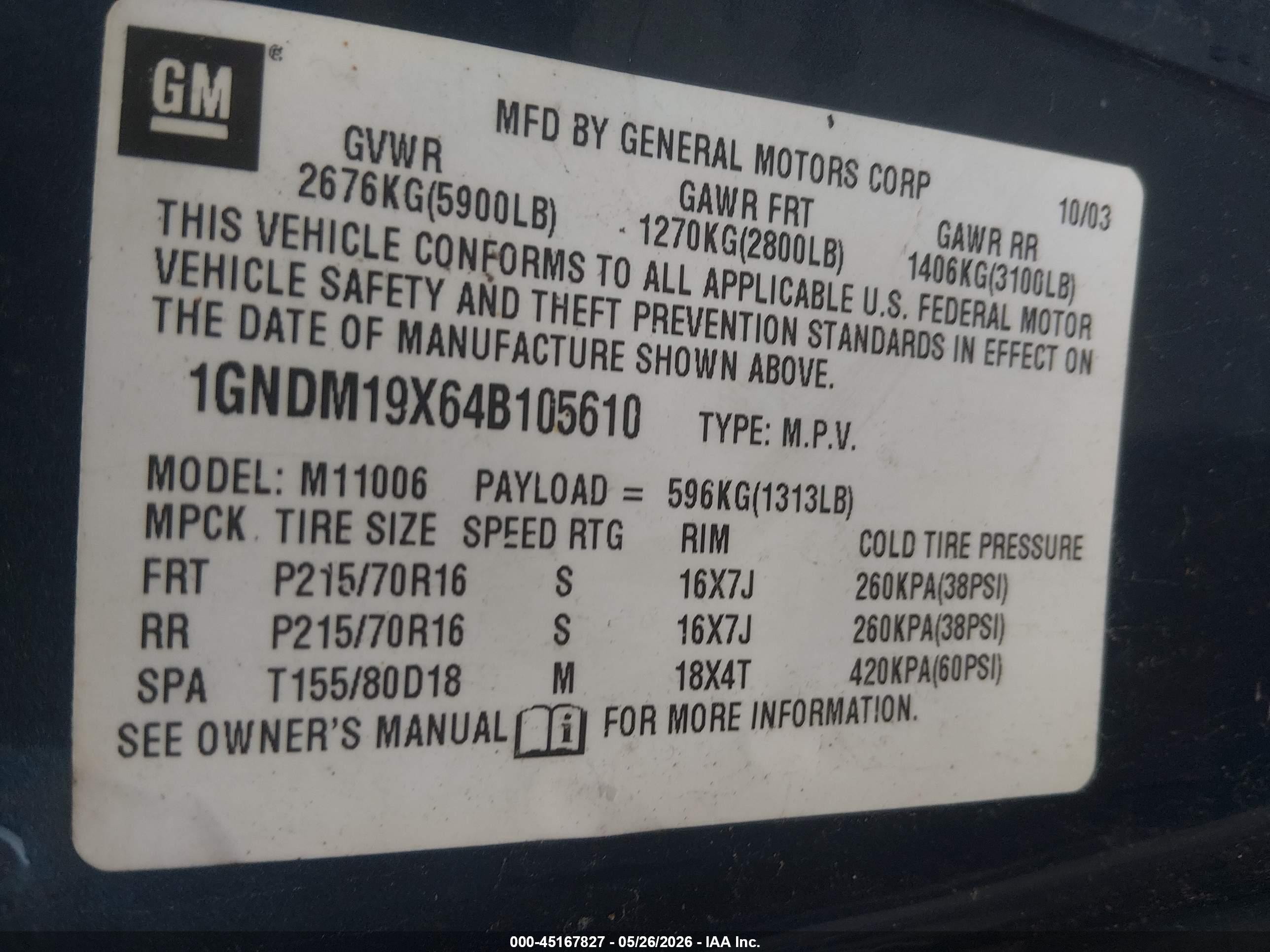 2004 Chevrolet Astro   Blue vin: 1GNDM19X64B105610