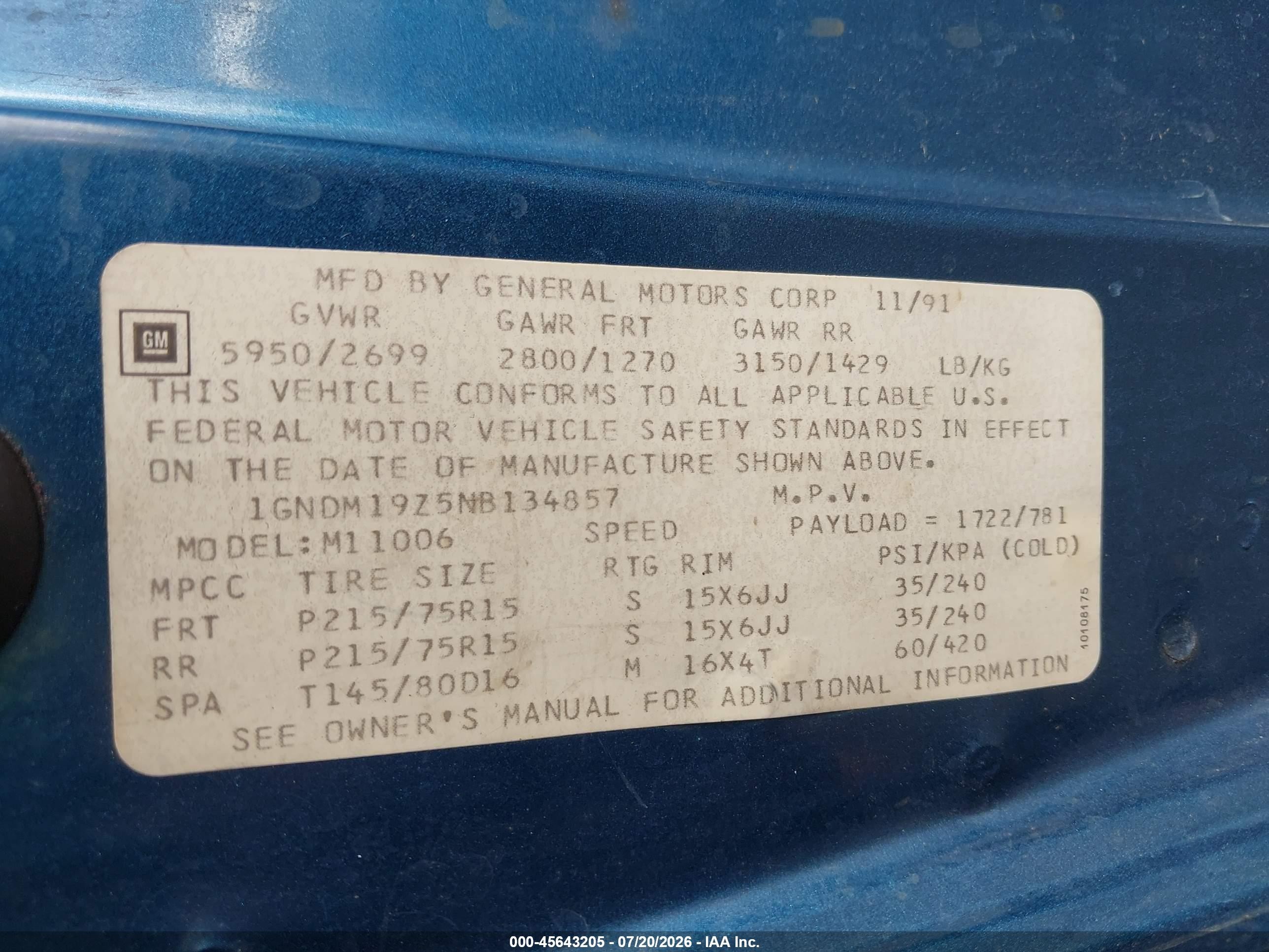 1992 Chevrolet Astro   Blue vin: 1GNDM19Z5NB134857
