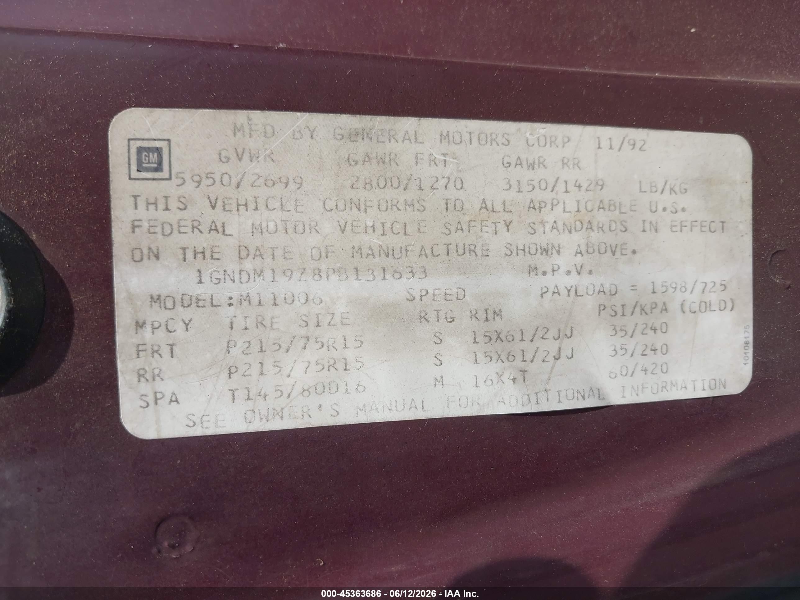 1993 Chevrolet Astro   Red vin: 1GNDM19Z8PB131633