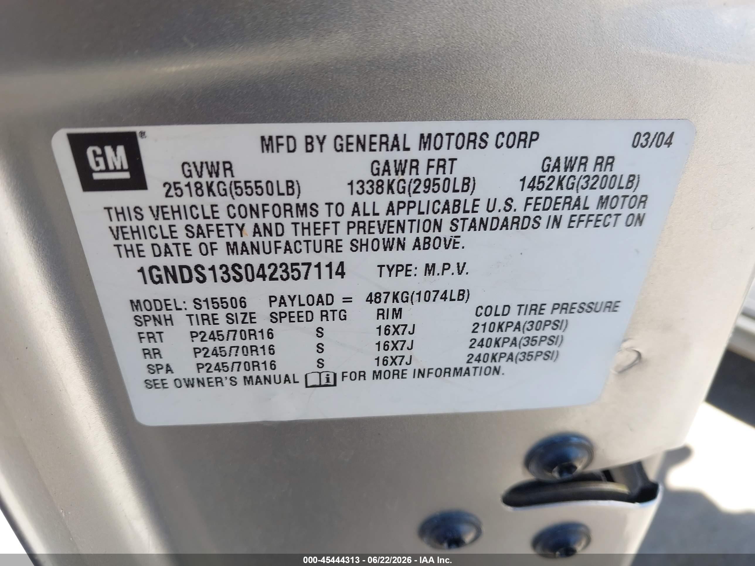 2004 Chevrolet Trailblazer Lt Gray vin: 1GNDS13S042357114