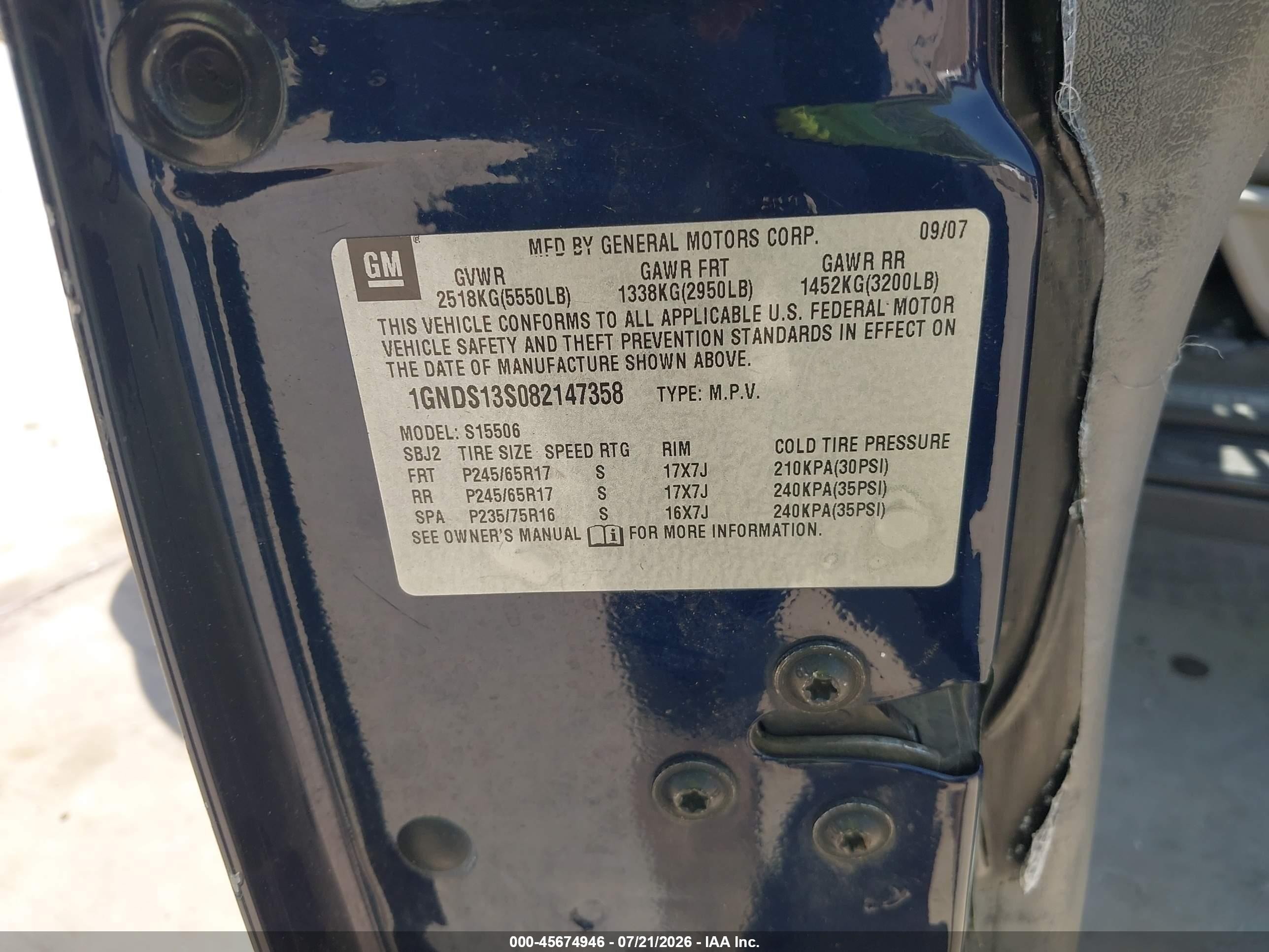 2008 Chevrolet Trailblazer Lt Blue vin: 1GNDS13S082147358