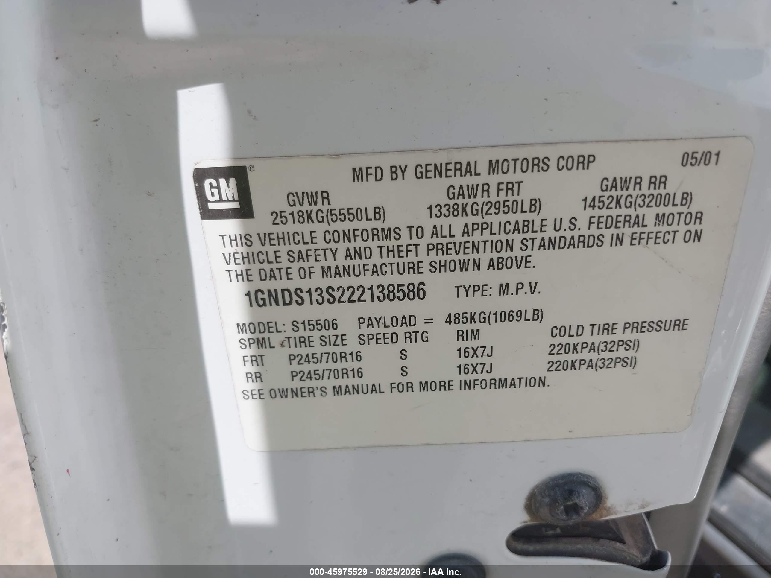 2002 Chevrolet Trailblazer Lt White vin: 1GNDS13S222138586