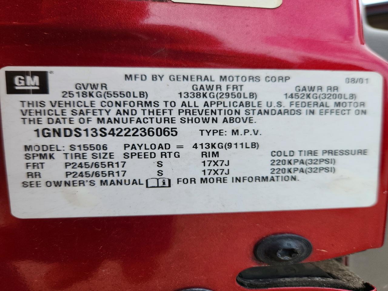 2002 Chevrolet Trailblazer Xl Red vin: 1GNDS13S422236065