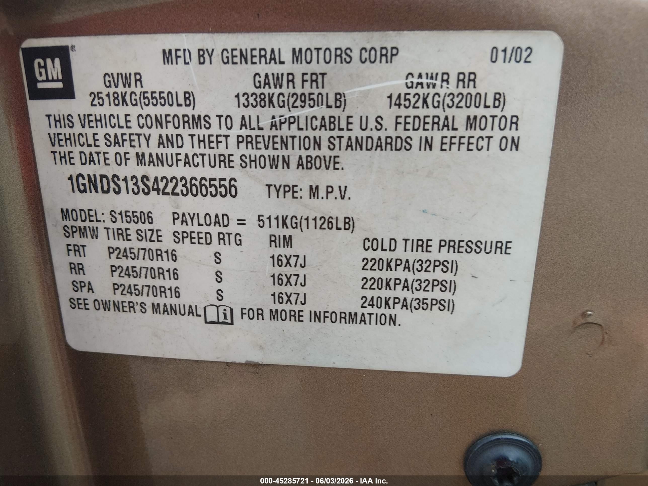 2002 Chevrolet Trailblazer Ls Золотой vin: 1GNDS13S422366556