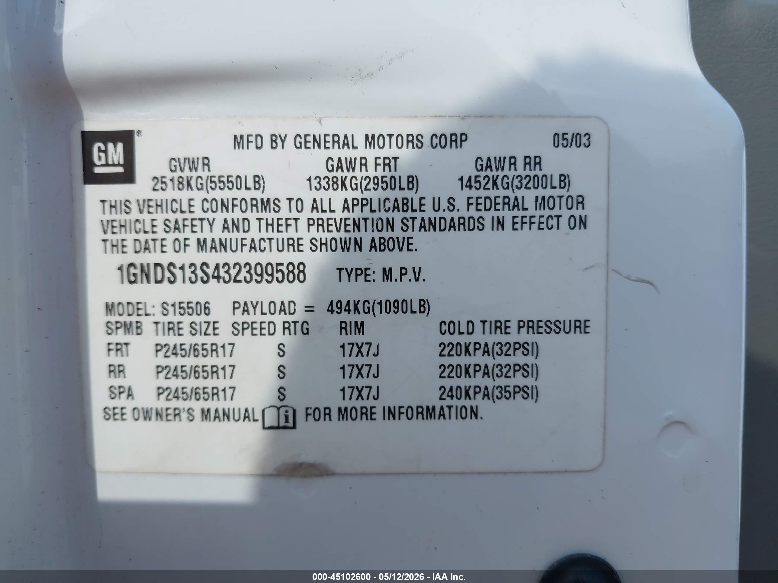 2003 Chevrolet Trailblazer Lt White vin: 1GNDS13S432399588