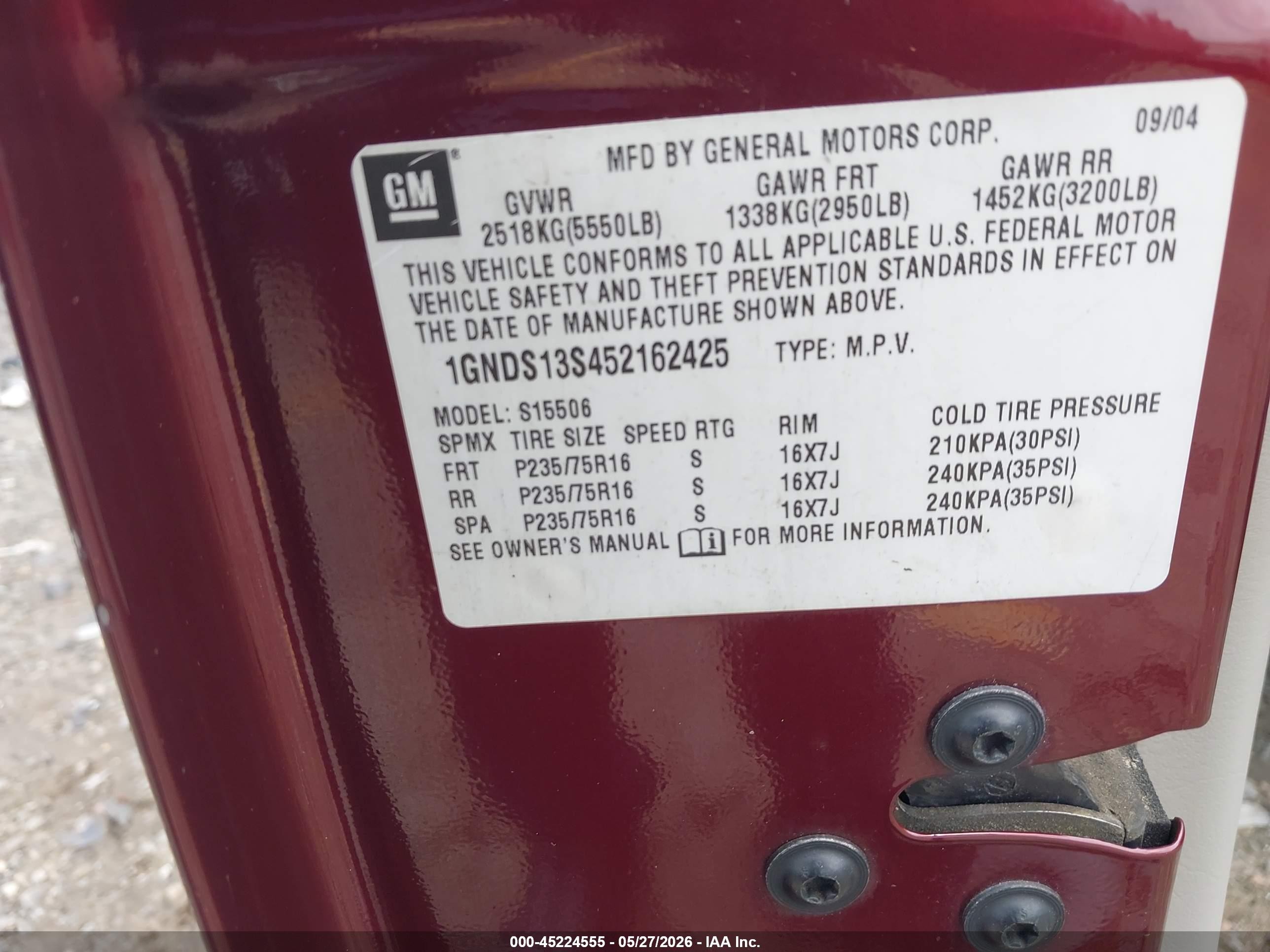 2005 Chevrolet Trailblazer Ls Burgundy vin: 1GNDS13S452162425