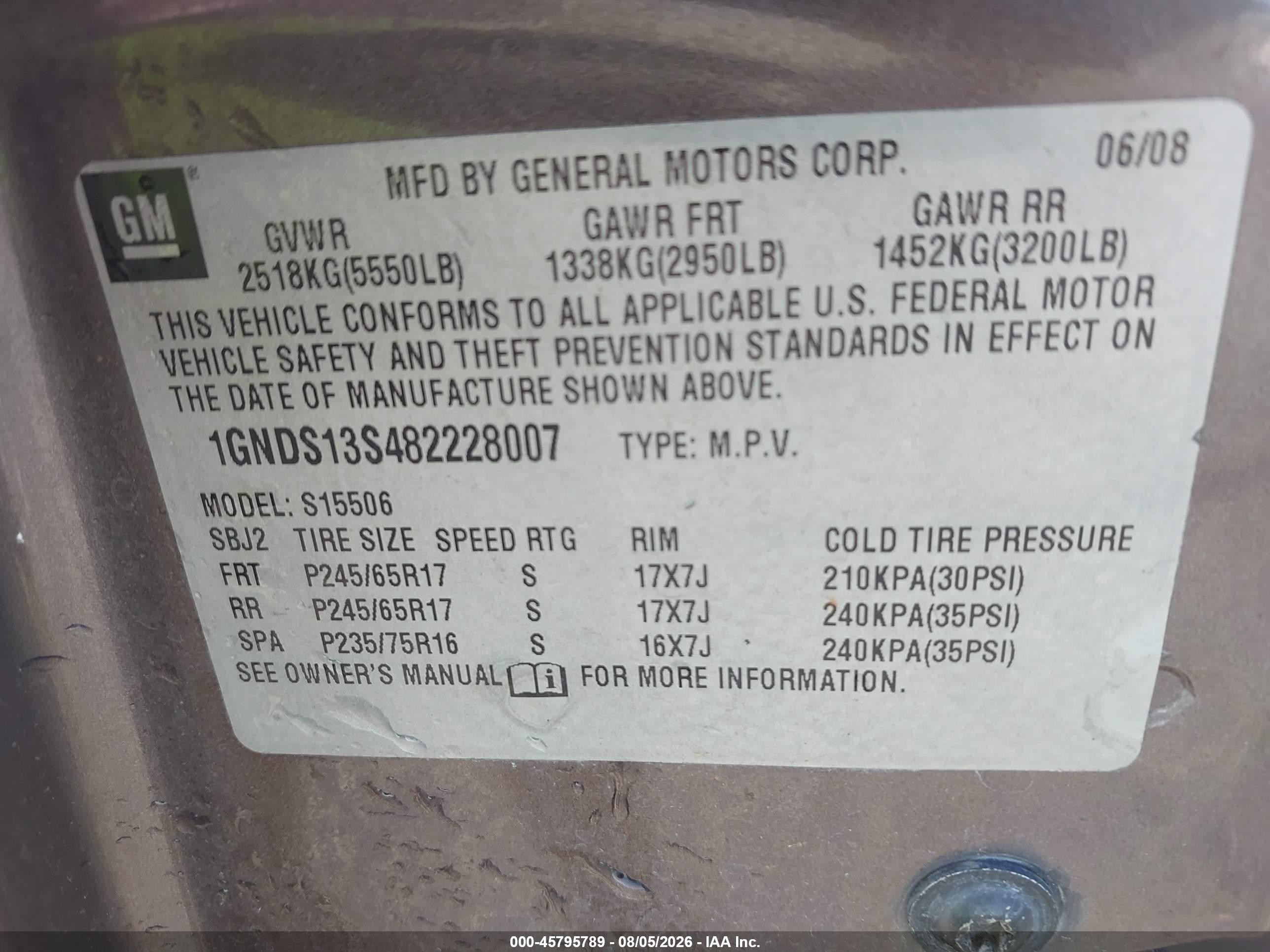 2008 Chevrolet Trailblazer Lt Pewter vin: 1GNDS13S482228007