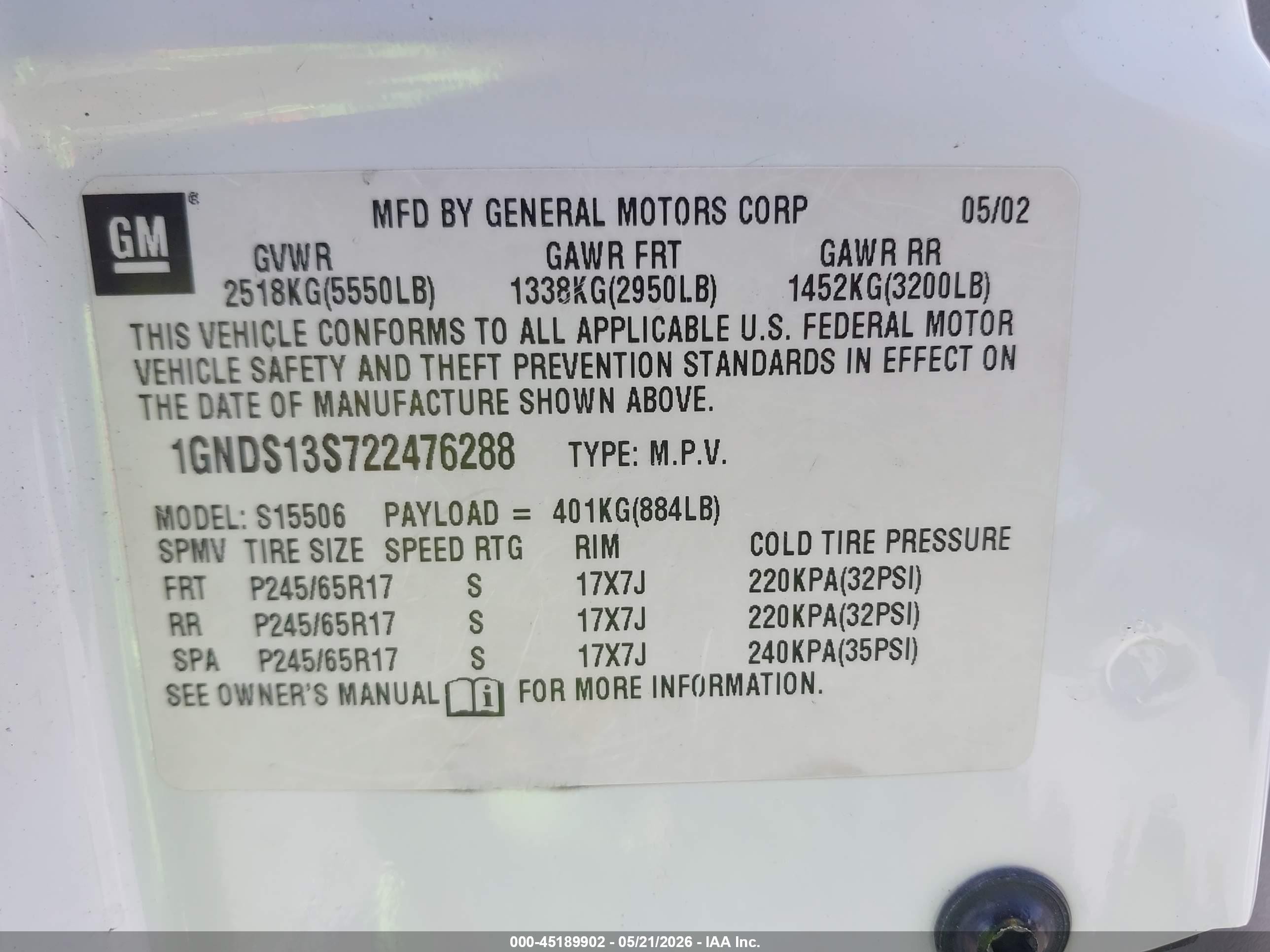 2002 Chevrolet Trailblazer Ltz White vin: 1GNDS13S722476288