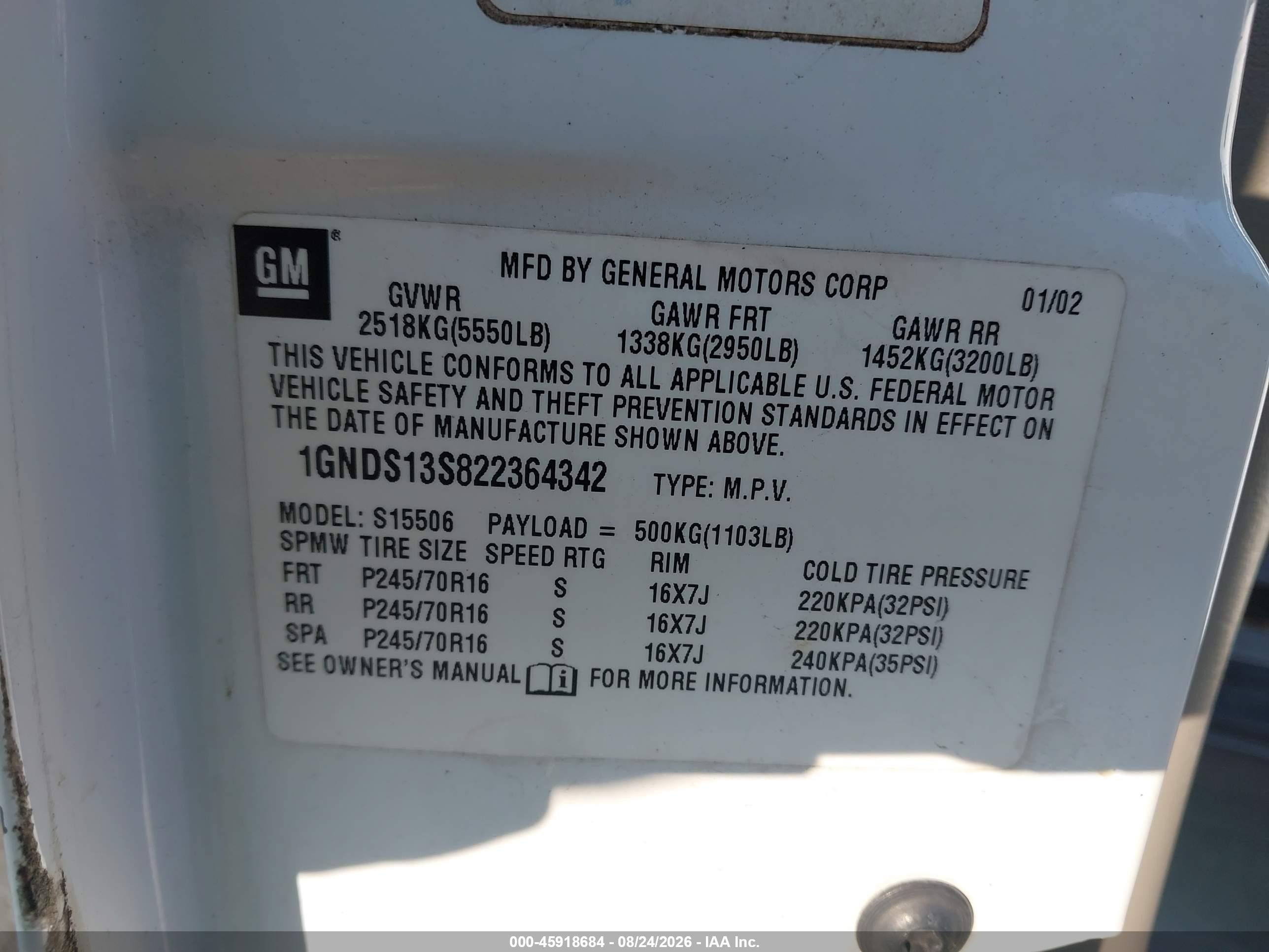 2002 Chevrolet Trailblazer Ls White vin: 1GNDS13S822364342