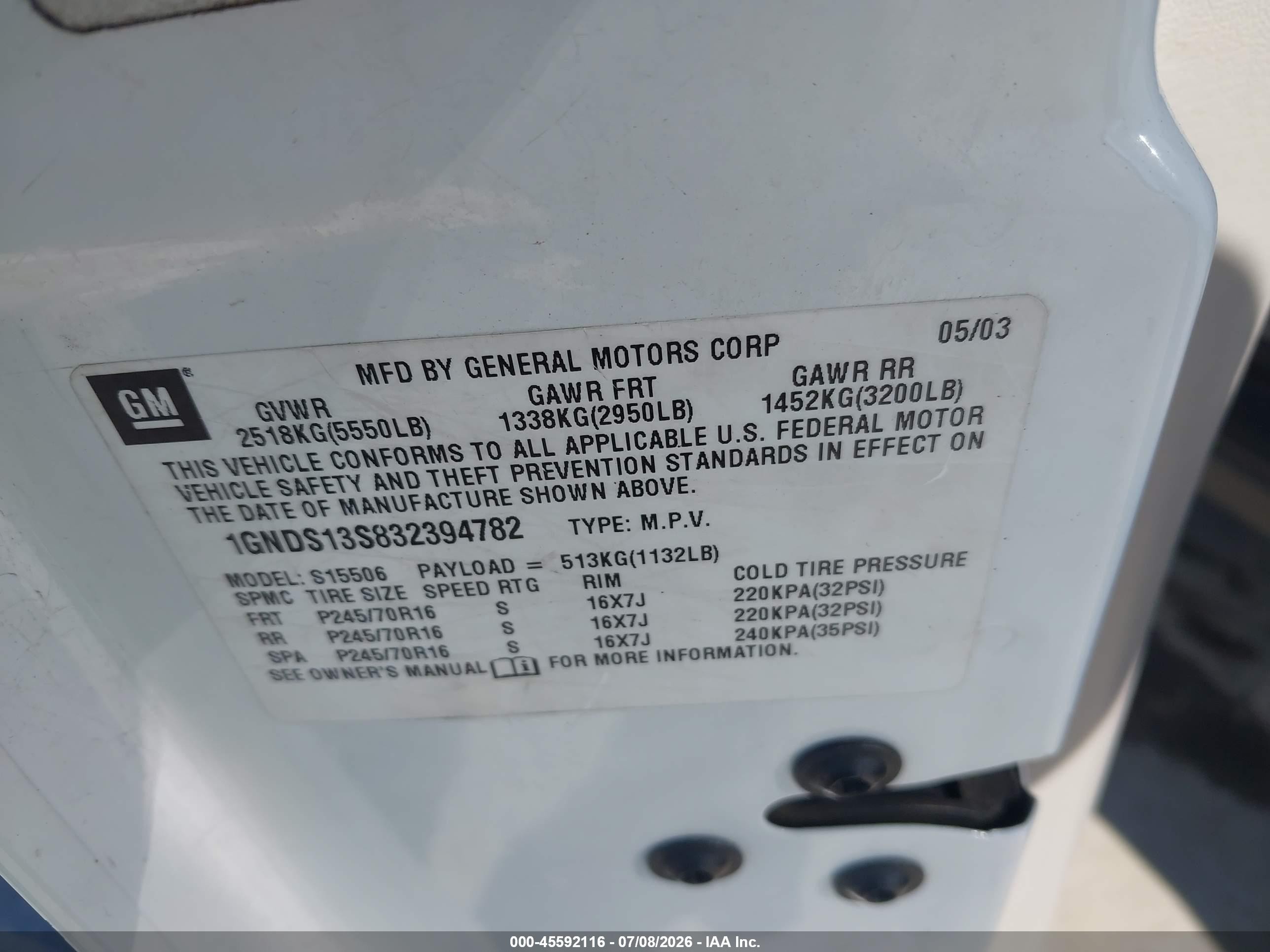 2003 Chevrolet Trailblazer Ls White vin: 1GNDS13S832394782